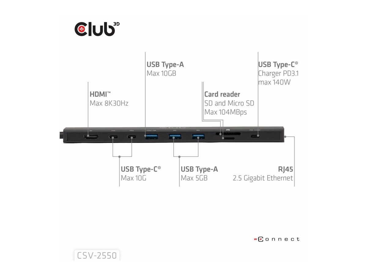 Club 3D 10-1 Hub USB Typ-C® auf HDMI 8K30Hz PD3.1 Max.140WLaptop - USB-C / Thunderbolt - HDMI - 2.5GbE