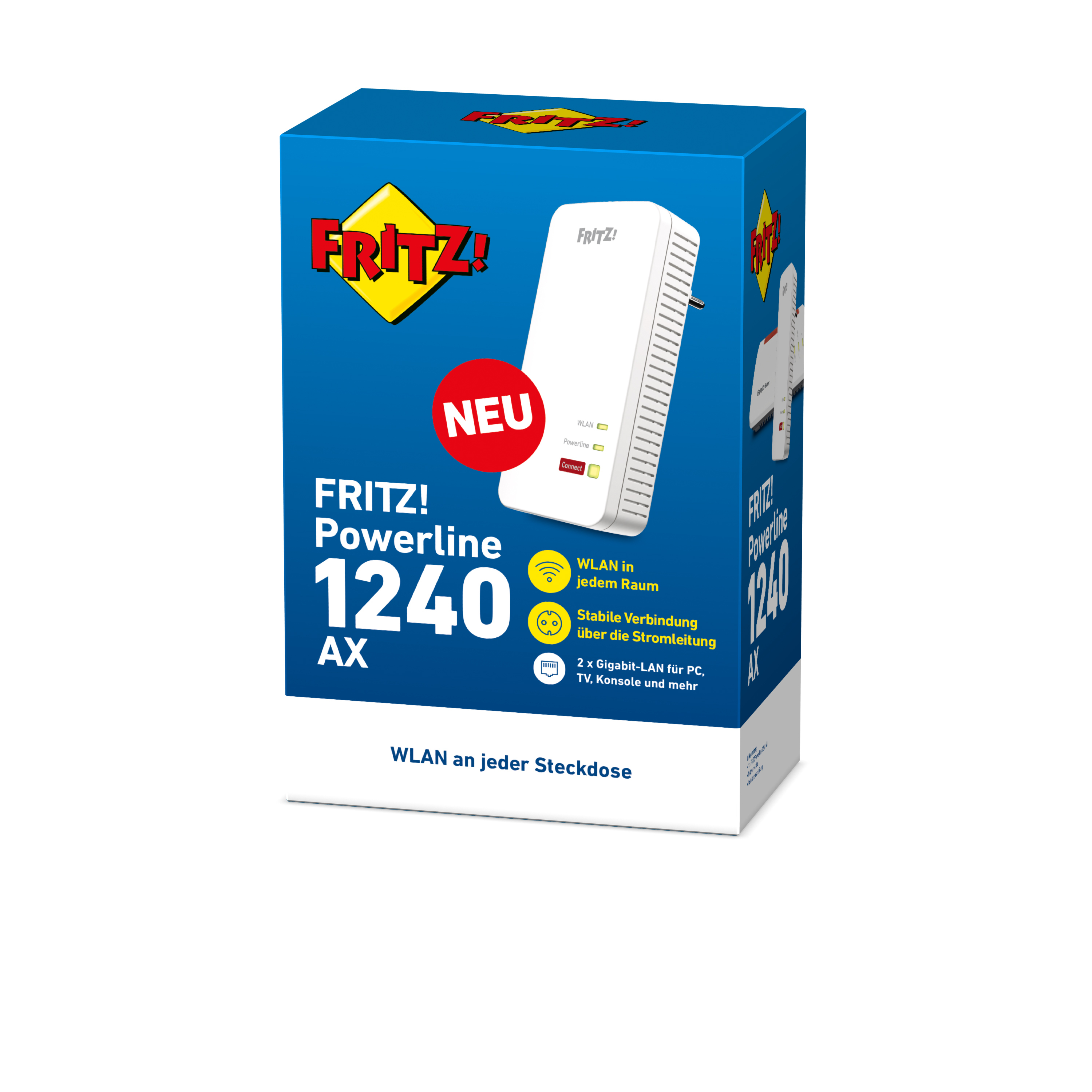 AVM FRITZ!Powerline 1240 AX - Powerline-Adapter 1GbE, HomePlug AV (HPAV)2.0 - Wi-Fi 5 - Wi-Fi 6 - 2,4 GHz - an Wandsteckdose anschließbar