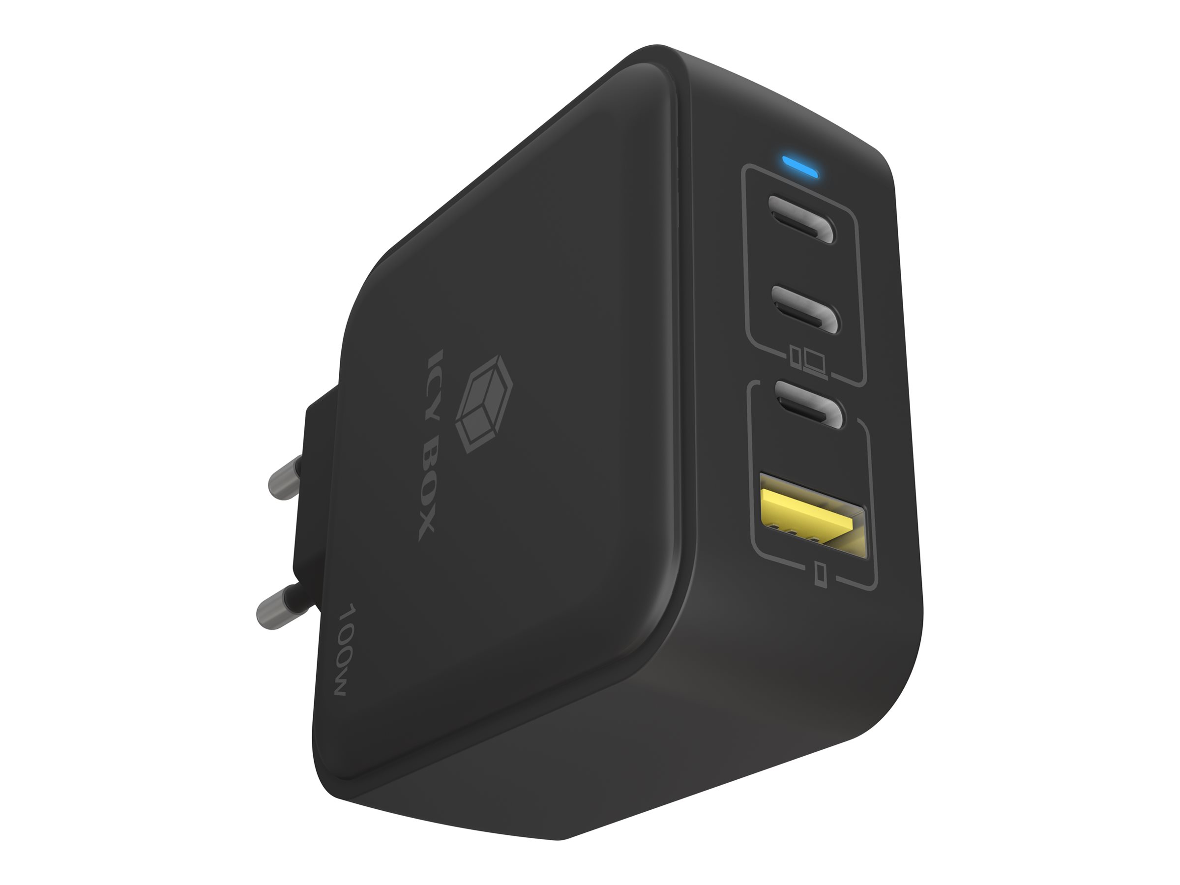 ICY BOX IB-PS1040-PD - Netzteil - GaN - 100 Watt - 5 A - PD 2.0, PD 3.0, QC 3.0, QC 2.0 - 4 Ausgabeanschlussstellen (3 x USB-C, USB)Schwarz