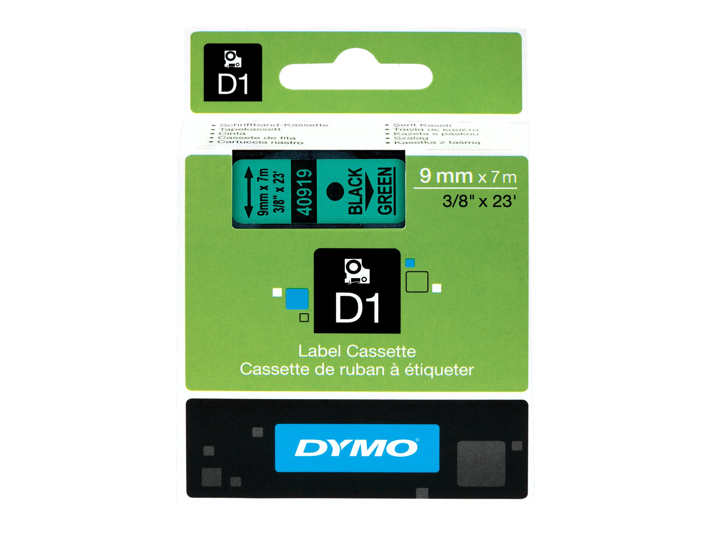 Dymo D1 - Selbstklebend - Schwarz auf Grün - Rolle (0,9 cm x 7 m)1 Kassette(n) Etikettenband - für LabelMANAGER 160 - 210D - 210D Kit - 210D Kit Case - 280 - 360D - 420P - 420P Kit - 500TS - PnP