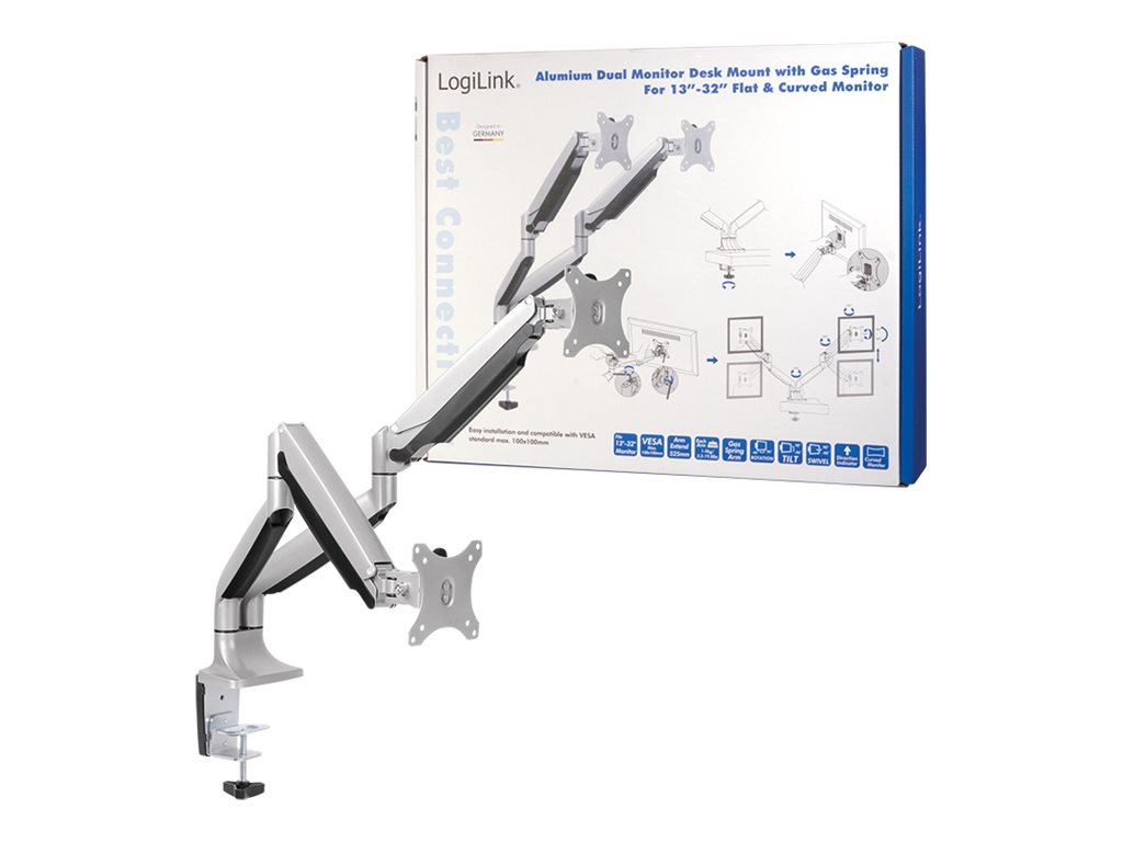 LogiLink Befestigungskit - einstellbarer Arm - für 2 Monitore - Aluminium, kaltgewalzter Stahl - Bildschirmgröße: 33-81.3 cm (13"-32")Tischmontage