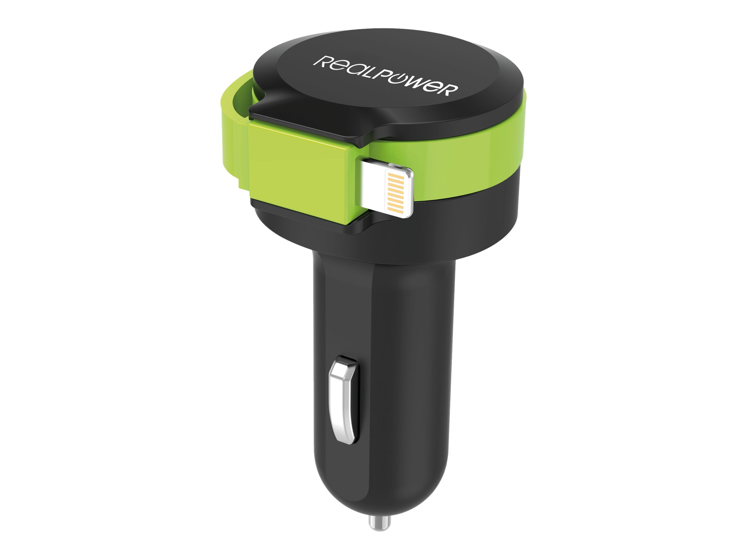 RealPower Auto-Netzteil - 4.8 A - 2 Ausgabeanschlussstellen (USB, Lightning)KFZ-Ladestation mit integriertem Lightning Kabel und USB-Ladeport