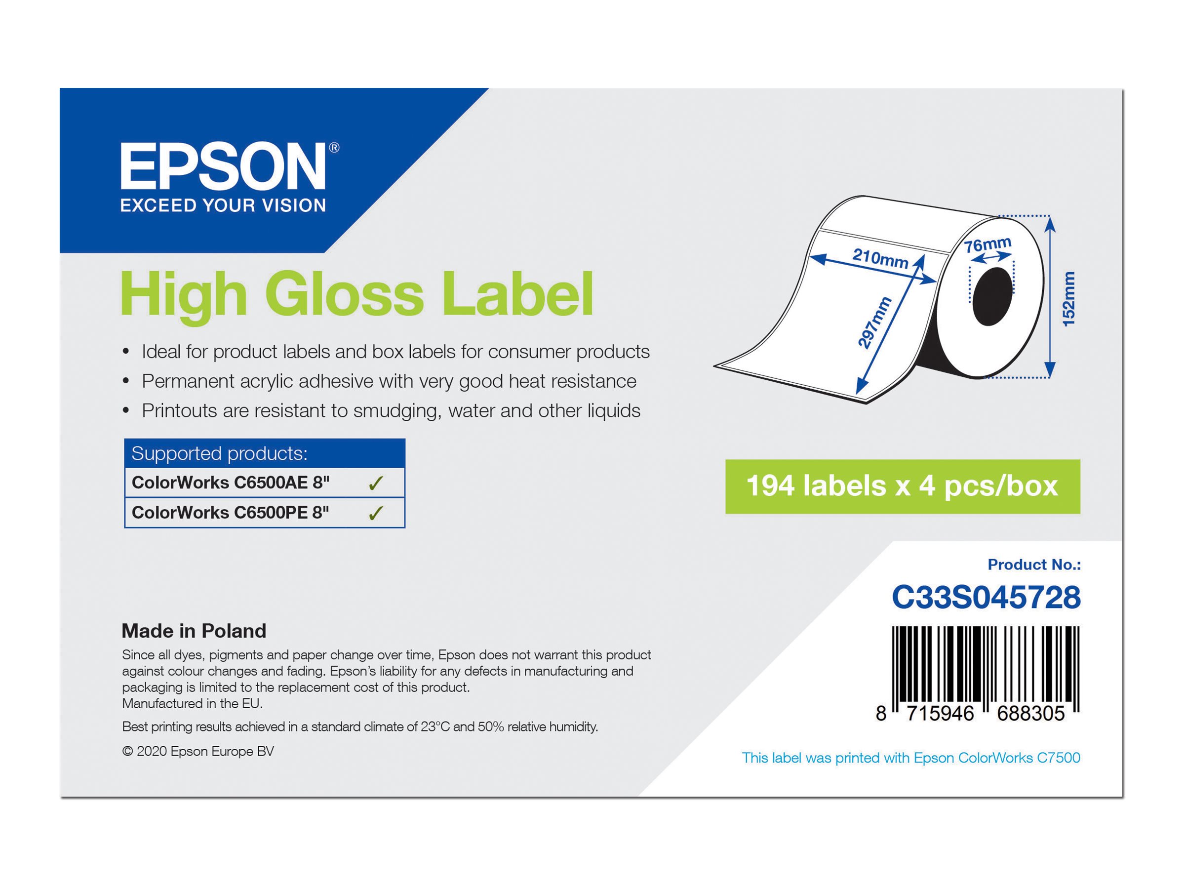 Epson Hochglänzend - permanenter Acrylklebstoff - mikroporös - weiß - A4 (210 x 297 mm)776 Etikett(en) (4 Rolle(n) x 194 gestanzte Etiketten - für ColorWorks CW-C6500Ae - CW-C6500Pe