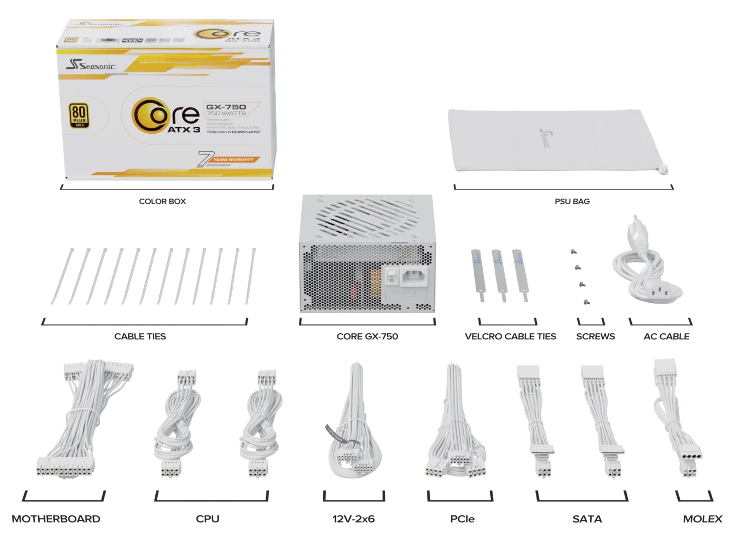 Seasonic CORE GX-750, 750 W, 100 - 240 V, 50/60 Hz, 11 - 5.5 A, 100 W, 744 W600 W - ATX - 80 PLUS Gold - 80 PLUS