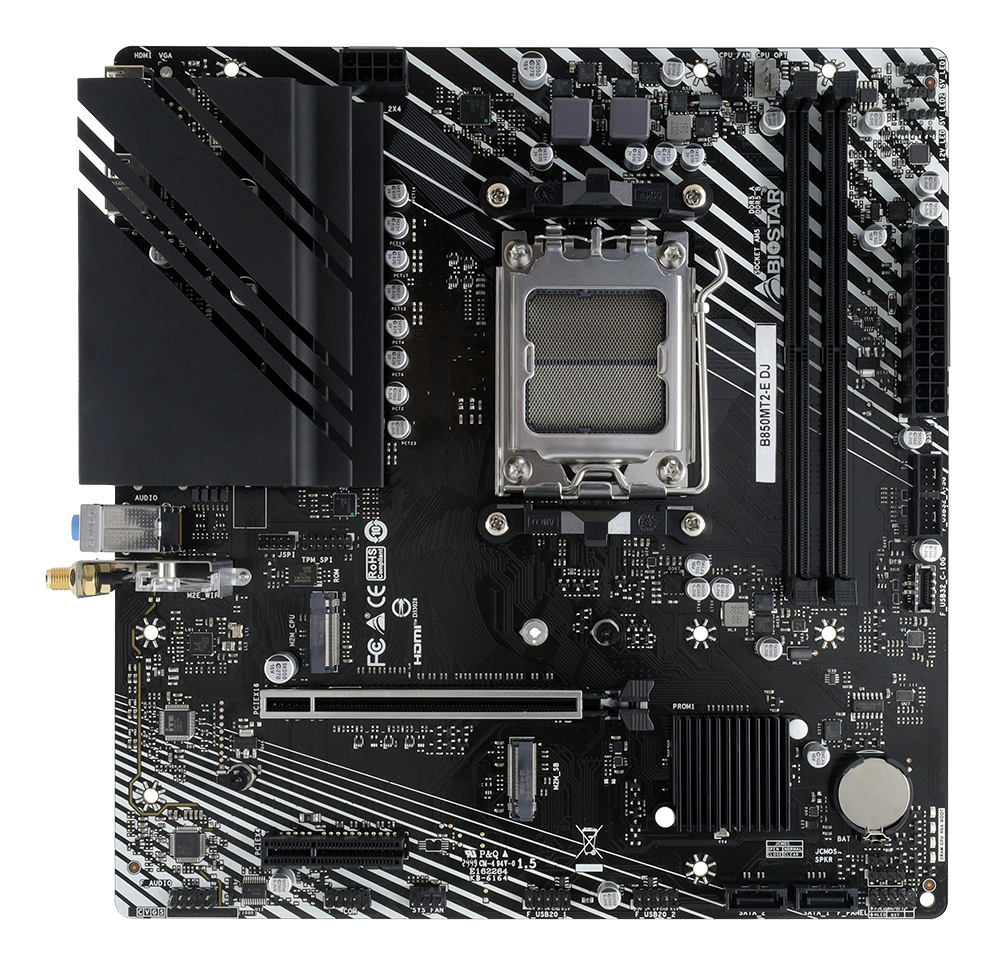 Biostar B850MT2-E DJ, AMD, Sockel AM5, AMD Ryzen 9000 Series, AMD Ryzen 8000 Series, AMD Ryzen 7000 Series, Sockel AM5, DDR5-SDRAM, 128 GBMicro/Mini/Flex-ATX - 128 GB - DDR5 - DIMM - Audio - Gigabit-L