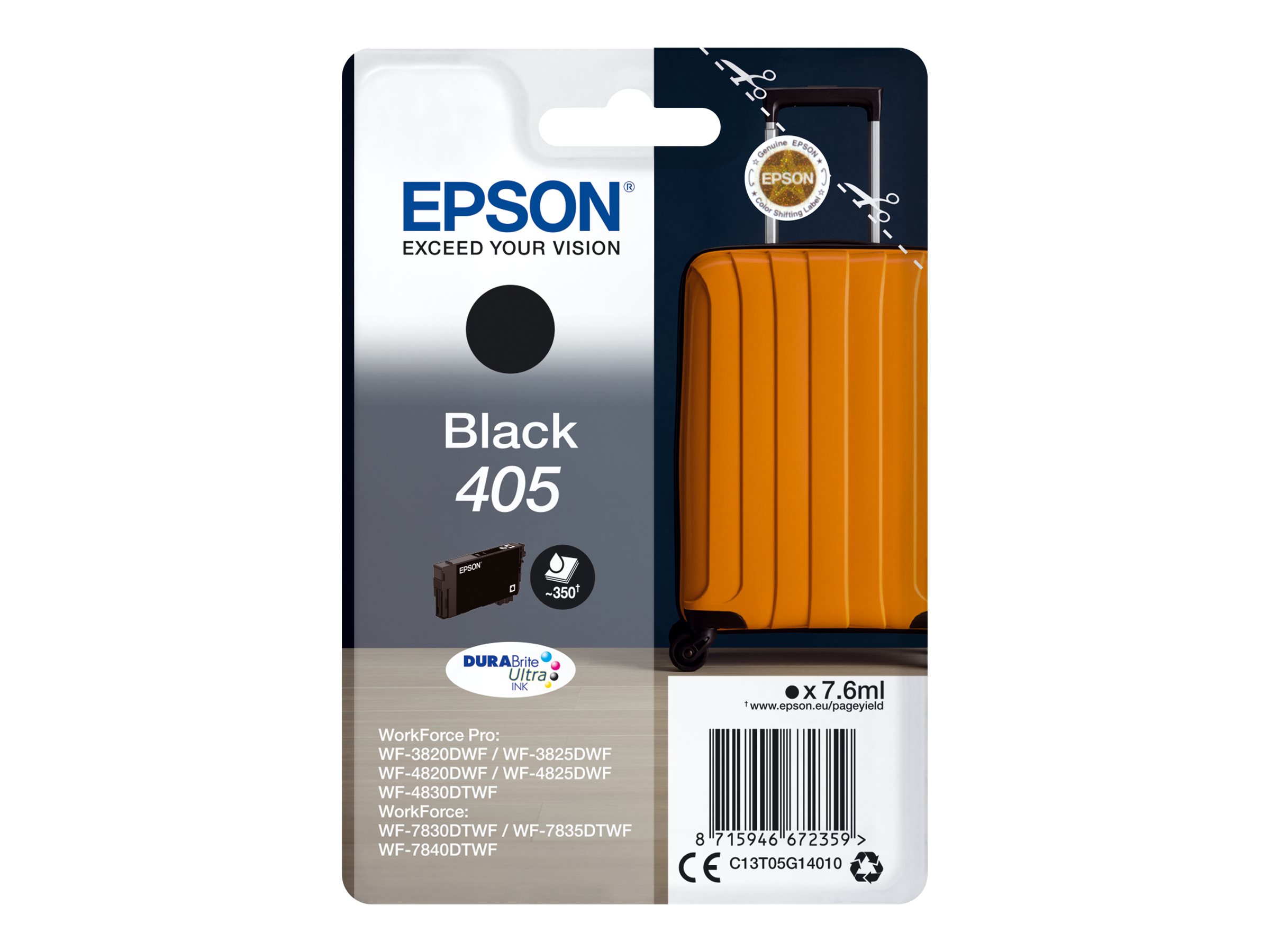 Epson Singlepack Black 405 DURABrite Ultra Ink, Standardertrag, Schwarz, Farbsublimations-Tinte, 7,6 ml, 7,6 ml, 1 Stück(e)Singlepack Black 405 DURABrite Ultra Ink