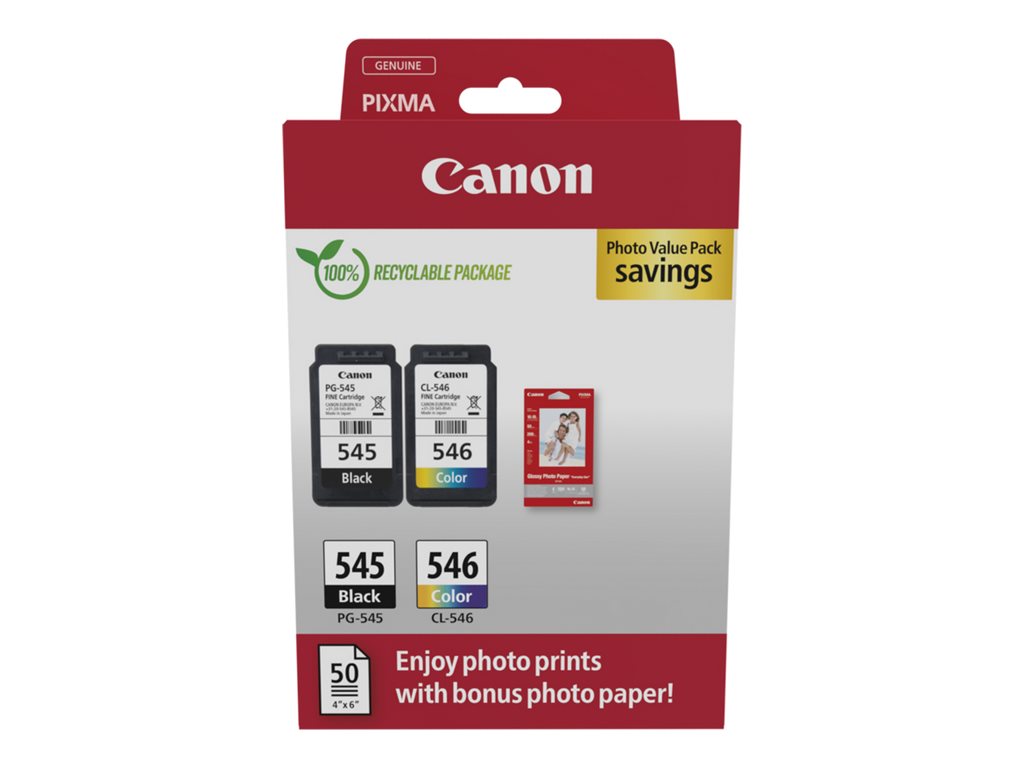 Canon PG-545 / CL-546 Value Pack - 2er-Pack - 8 ml - Schwarz, Farbe (Cyan, Magenta, Gelb)original - hängende Box - Tintenpatrone / Papierkit - für PIXMA iP2850 - MG2450 - MG2550 - TR4550 - TR4551