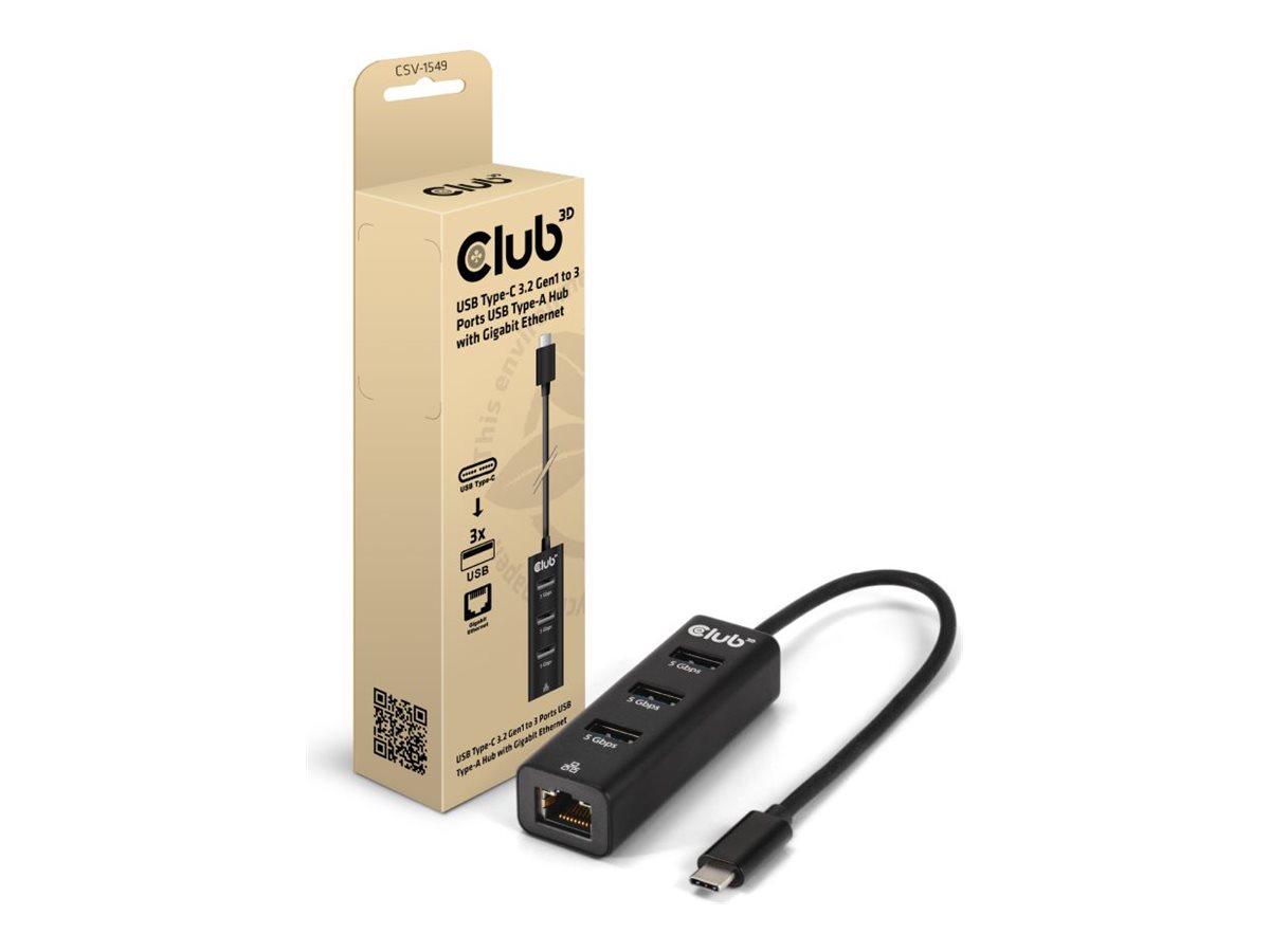 Club 3D USB Typ-C 3.2 Gen1 auf 3 Port USB Typ-A Hub mit Gigabit Ethernet