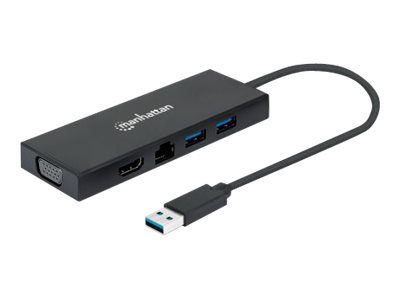 Manhattan USB-A Dock/Hub, Ports (x5): Ethernet, HDMI, USB-A (x2)and VGA - Micro-USB Power Input Port (Optional - only when additional power needed. Not required for dual monitor functionality. Cable n