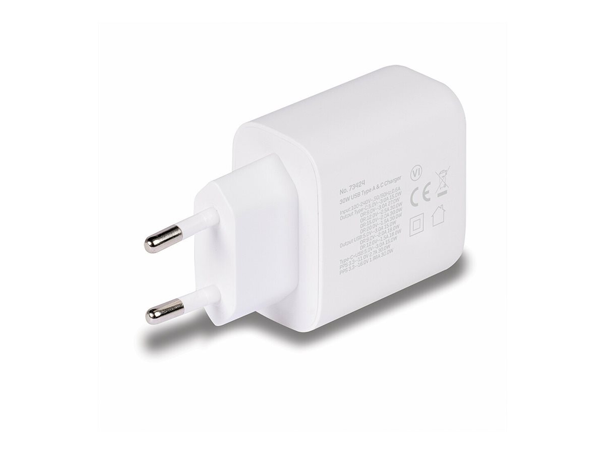 Lindy Netzteil - 30 Watt - 3 A - PD 3.0 - 2 Ausgabeanschlussstellen (4-poliger USB Typ A / 24-poliger USB-C)weiß
