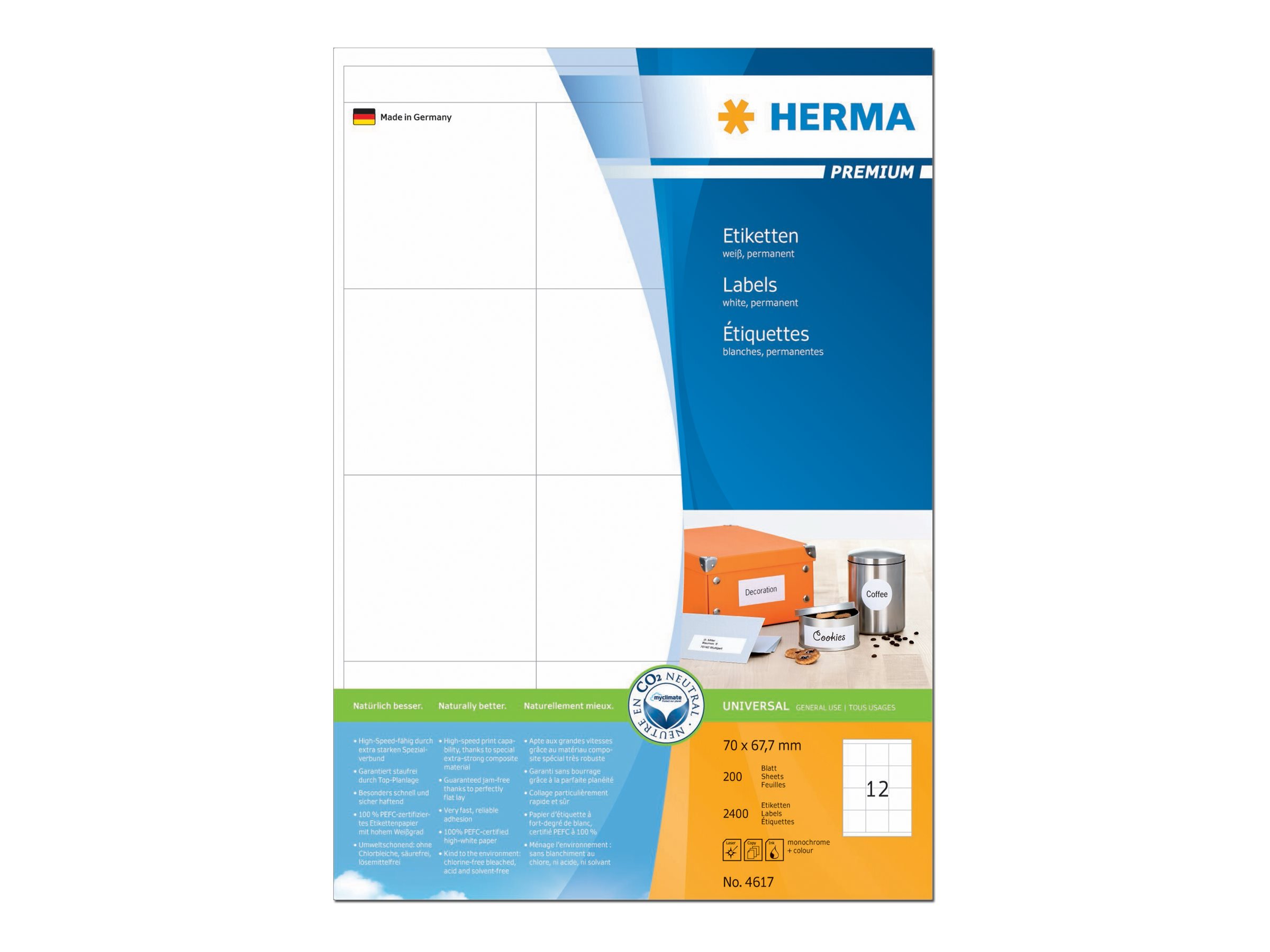 HERMA HPremium - Papier - matt - permanent selbstklebend - weiß - 70 x 67.7 mm 2400 Etikett(en) (200 Bogen x 12 laminierte Etiketten