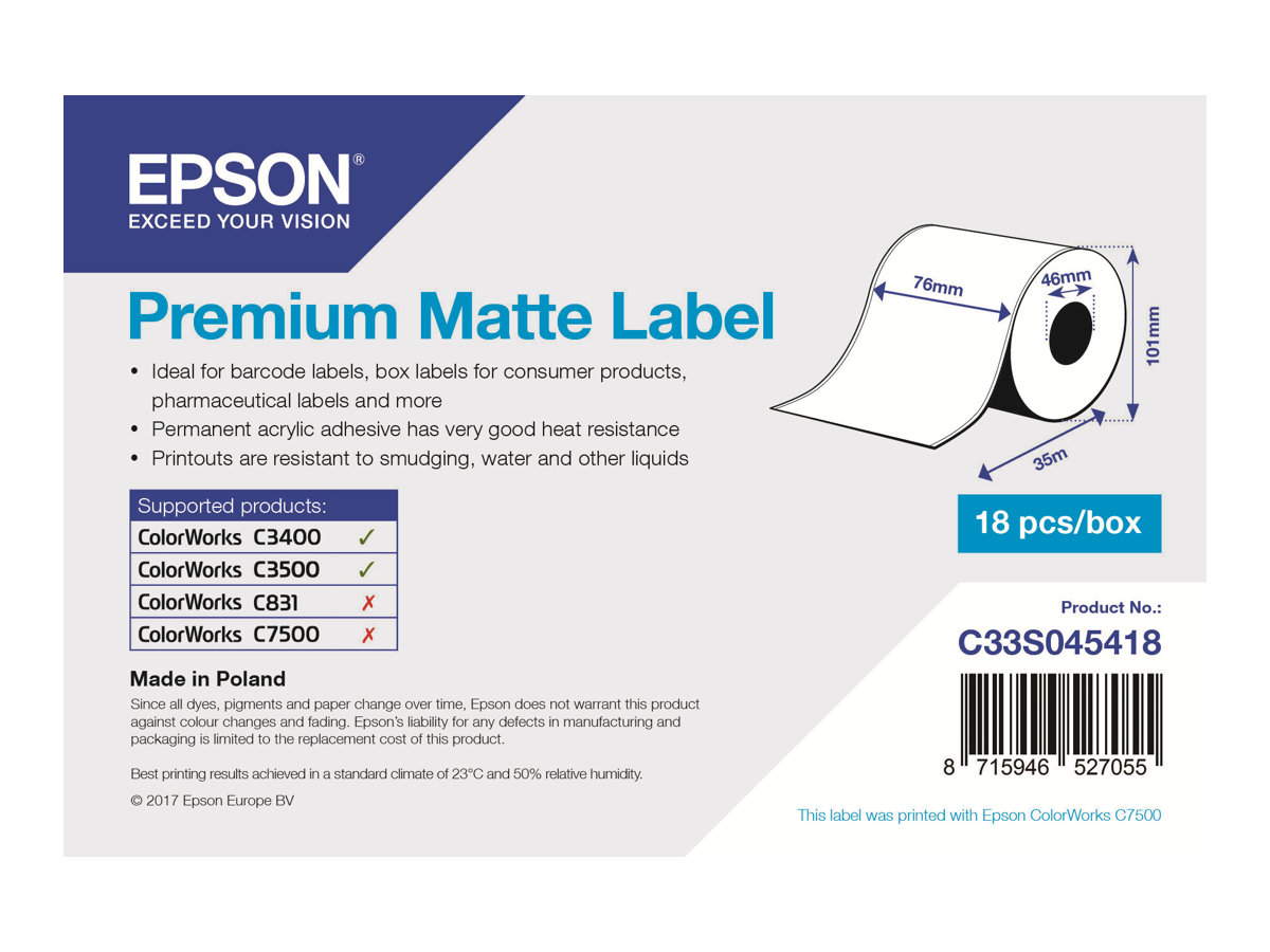 Epson Premium - Matt - Rolle (7,6 cm x 35 m) 1 Rolle(n) Etiketten-Endlospapier - für Epson TM-C3400-LT; ColorWorks CW-C4000E (BK)CW-C4000E (MK); TM C3400 - C3400BK - C3500