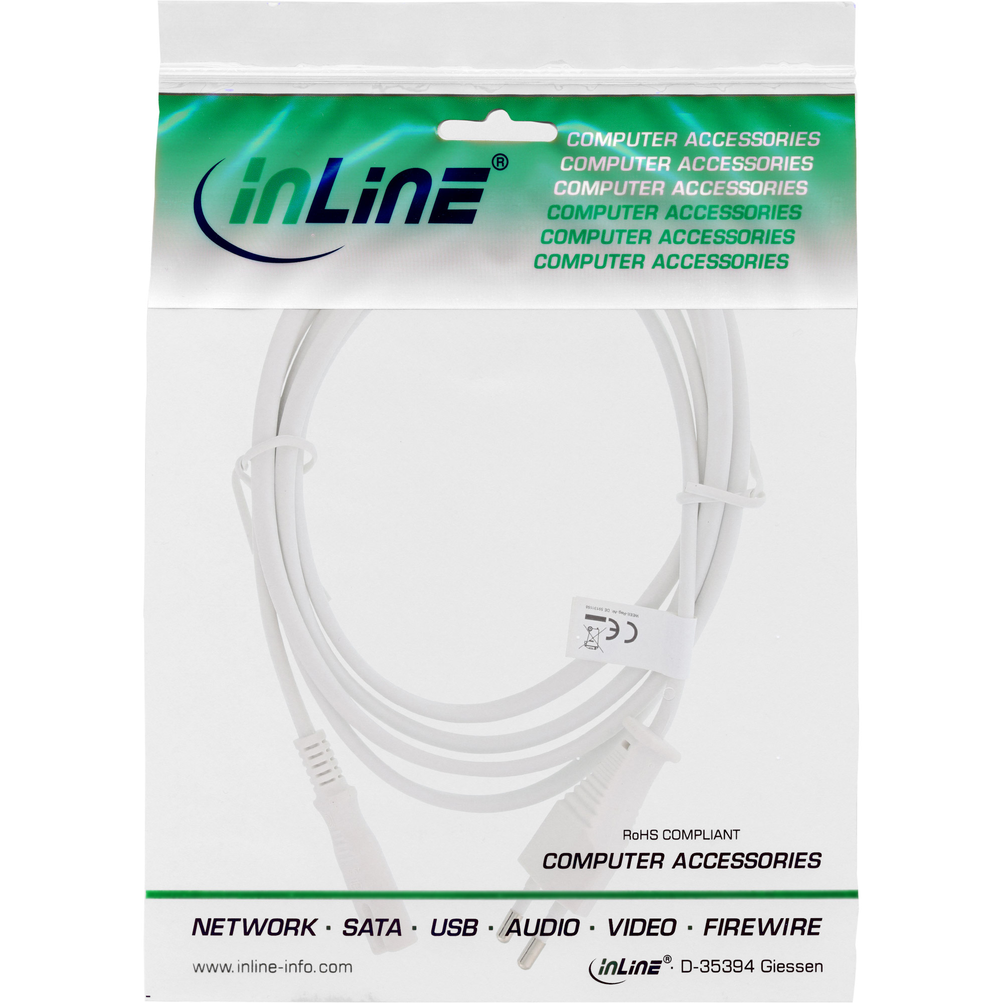 InLine Netzkabel - Netzstecker auf Euro 8 C7 Stecker - weiß - 1,5mpower IEC 60320 C7 - 1.5 m - weiß