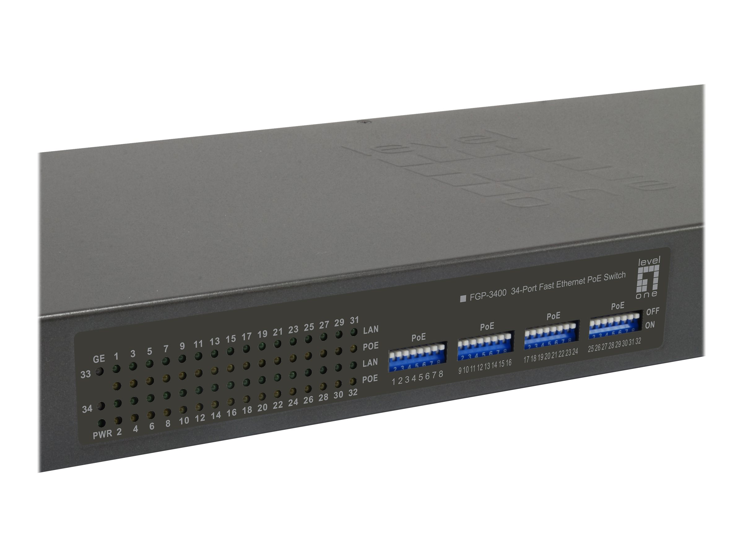 LevelOne FGP-3400W250 - Switch - 32 x 10/100 (PoE+)+ 2 x 10/100/1000 - an Rack montierbar - Desktop - PoE+ (250 W)