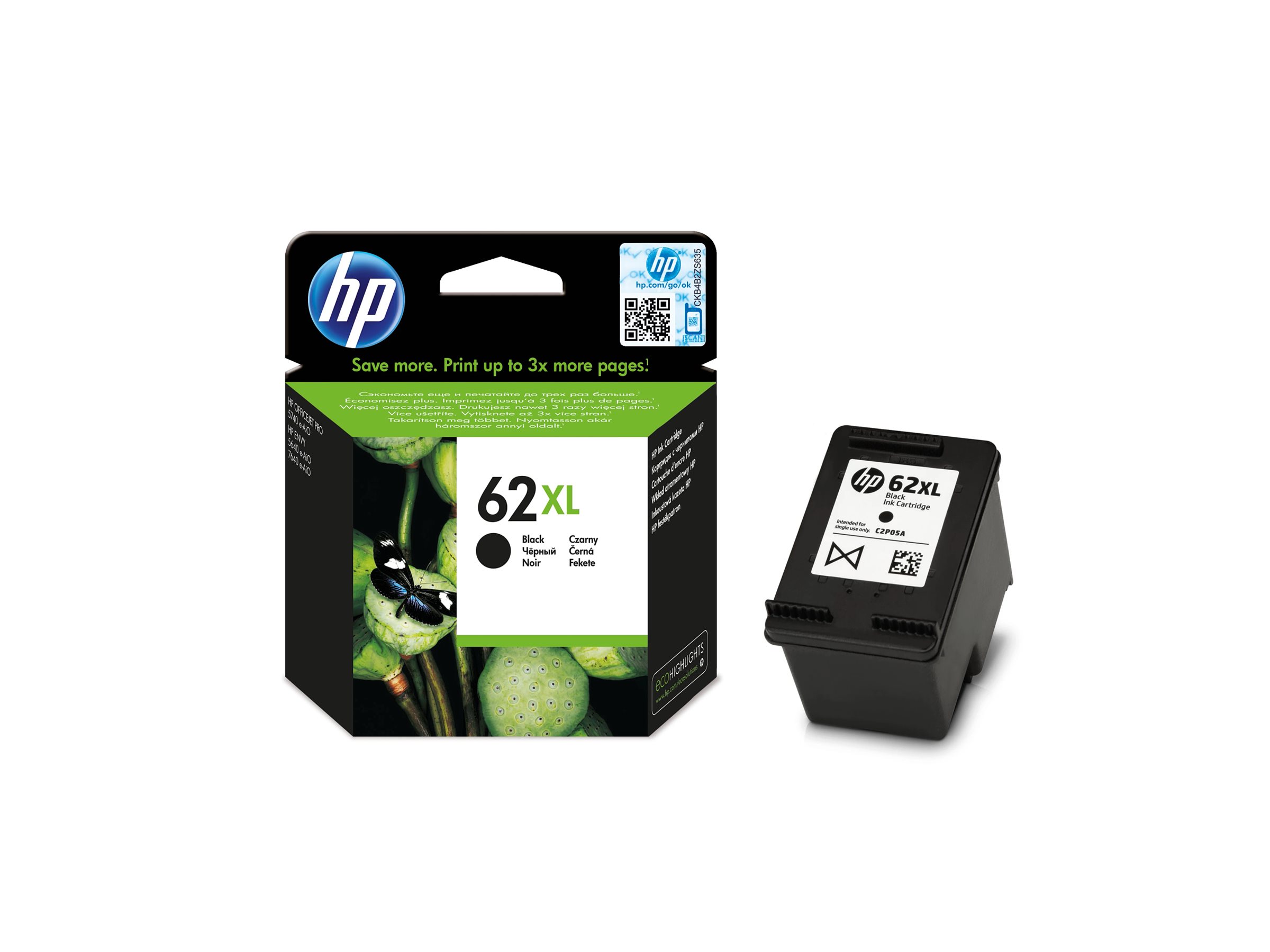 HP 62XL - Hohe Ergiebigkeit - Schwarz - originalTintenpatrone - für ENVY 55XX - 56XX - 76XX; Officejet 200 - 250 - 57XX - 8040