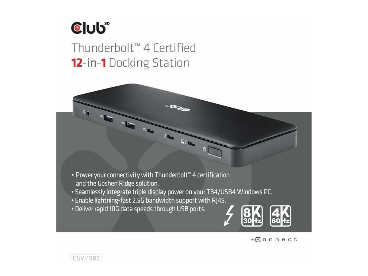 Club 3D Thunderbolt 4 zertifizierte 12-in-1-DockingstationLaptop - USB-C / USB4 / Thunderbolt 3 / Thunderbolt 4 - 2 x HDMI - DP - Thunderbolt 4 - 2.5GbE - 134 Watt
