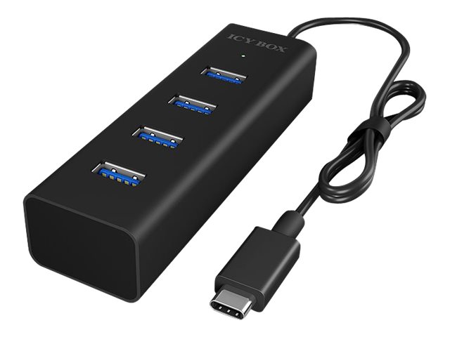 ICY BOX IB-HUB1409-C3, Type-C® zu 4-Port USB 3.2 Gen 1 Hub, Alu-Gehäuse, USB 3.2 Gen 1 (3.1 Gen 1) Type-C, USB 3.2 Gen 1 (3.1 Gen 1) Type-A, 5000 Mbit/s, Schwarz, Aluminium, 0,4 m Type-C® zu 4-Port US