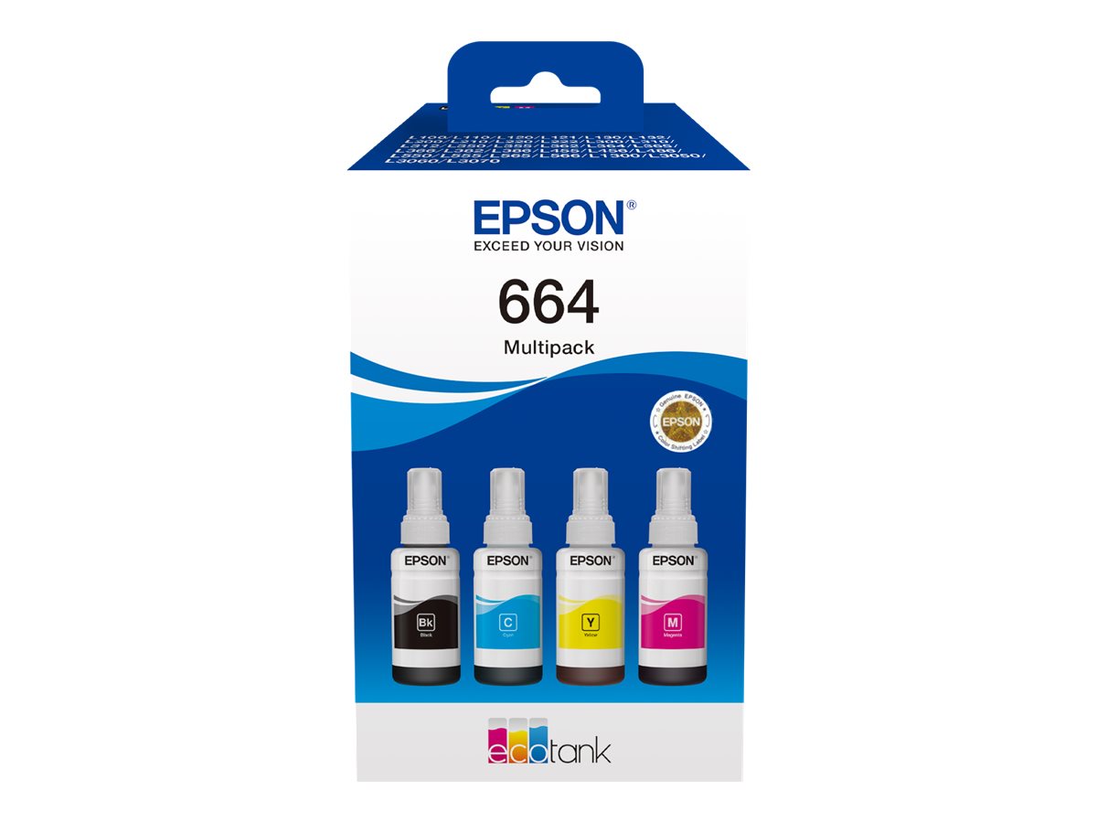 Epson EcoTank 664 - 4er-Pack - Schwarz, MagentaCyan - Gelb - original - Tintenbehälter - für Epson L380 - L395 - L495; EcoTank ET-2650 - L1455 - L656; EcoTank ITS L3050 - L3060 - L3070