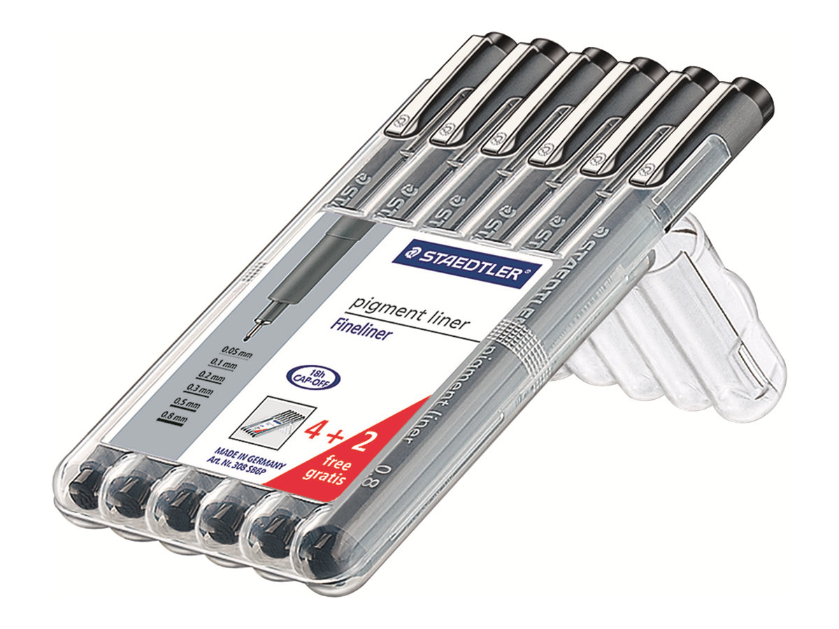 STAEDTLER pigment liner - Fineliner - permanent - Schwarz - Pigmenttinte (Packung mit 6)Black - 6 assorted line widths (0.05/0.1/0.2/0.3/0.5/0.8)