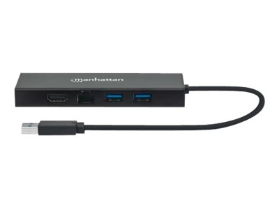 Manhattan USB-A Dock/Hub, Ports (x5): Ethernet, HDMI, USB-A (x2)and VGA - Micro-USB Power Input Port (Optional - only when additional power needed. Not required for dual monitor functionality. Cable n