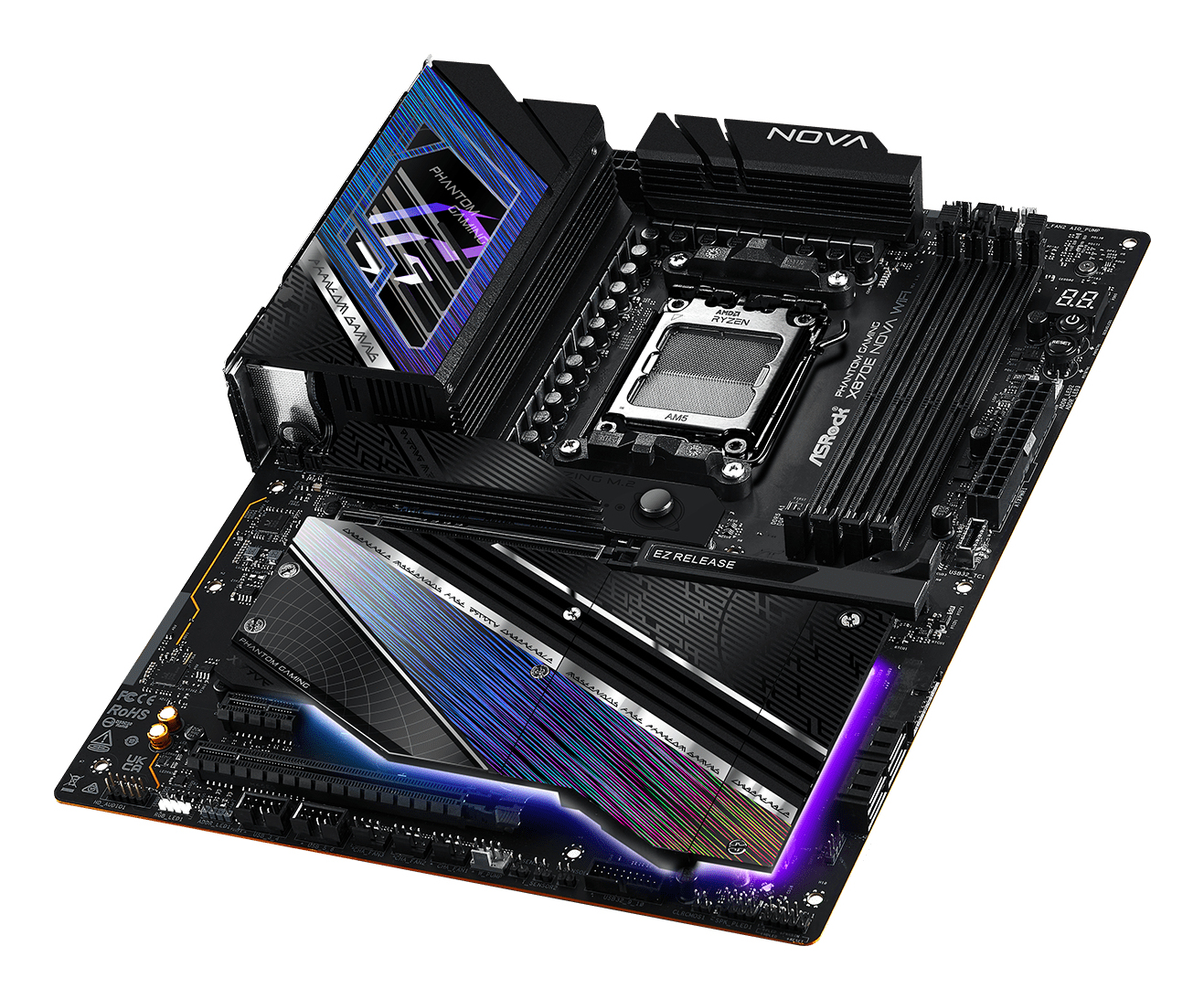 ASRock Phantom Gaming X870E NOVA WiFi - Motherboard - ATX - Socket AM5 - AMD X870E Chipsatz - USB4, USB 3.2 Gen 1, USB 3.2 Gen 2, USB-C 3.2 Gen 2x2 - 5 Gigabit Ethernet, Wi-Fi 7, Bluetooth - Onboard-G