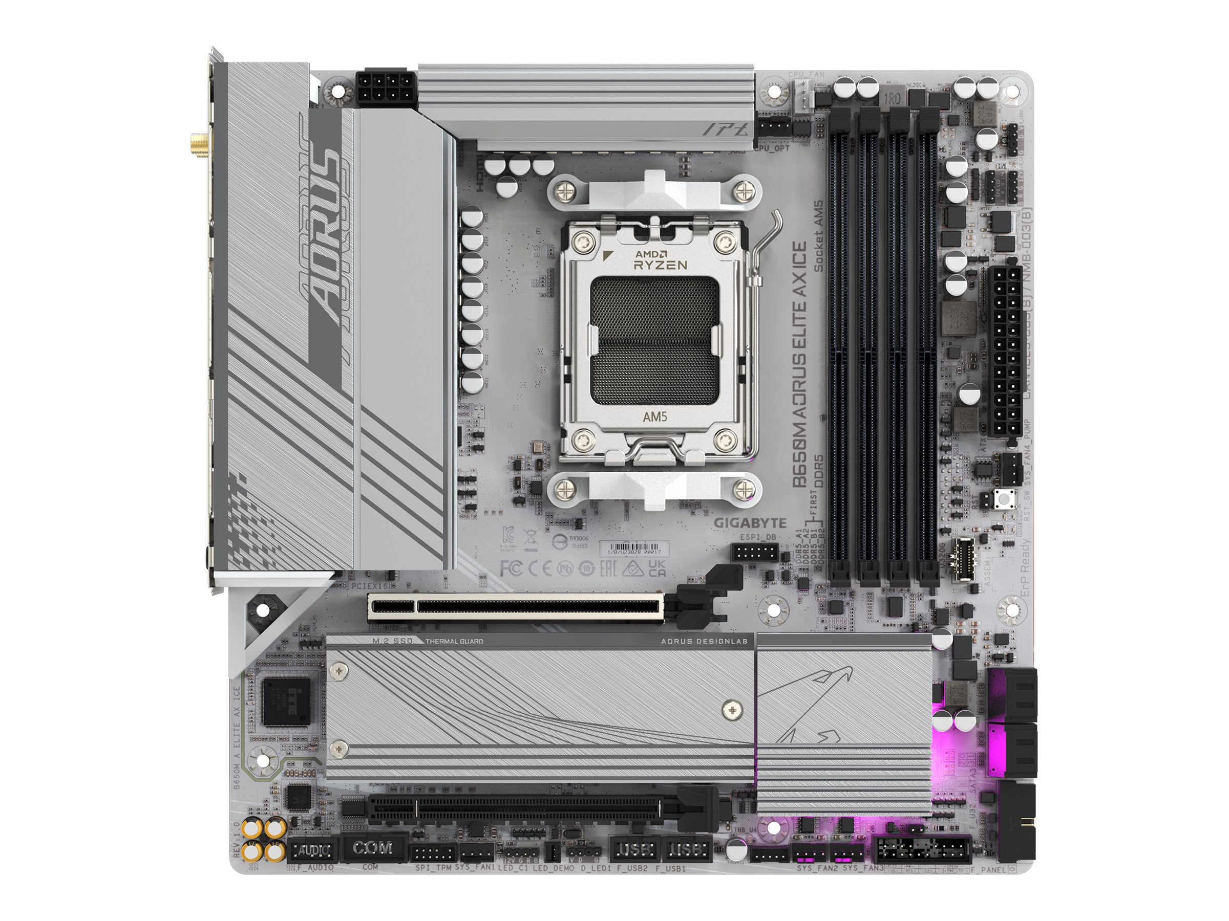 Gigabyte B650M AORUS ELITE AX ICE - Motherboard - micro ATX - Socket AM5 - AMD B650 Chipsatz - USB-C 3.2 Gen2, USB 3.2 Gen 2, USB 3.2 Gen 1, USB-C 3.2 Gen 2x2 - 2.5 Gigabit LAN, Wi-Fi 6E, Bluetooth -