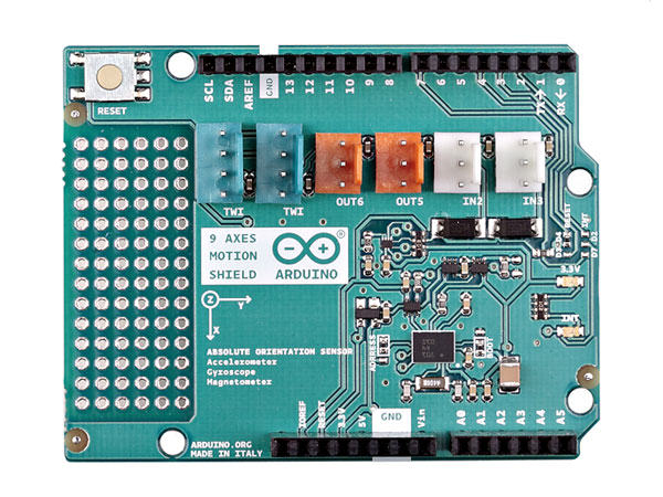 Arduino 9 AXES MOTION SHIELD ShieldBOSCH Sensortech BNO055 - TWI - Triaxial accelerometer - Triaxial gyroscope - Triaxial geomagnetic - 32-bit BSX3.0 FusionLib - 5 / 3.3 V - 10 mA - 0.017 kg