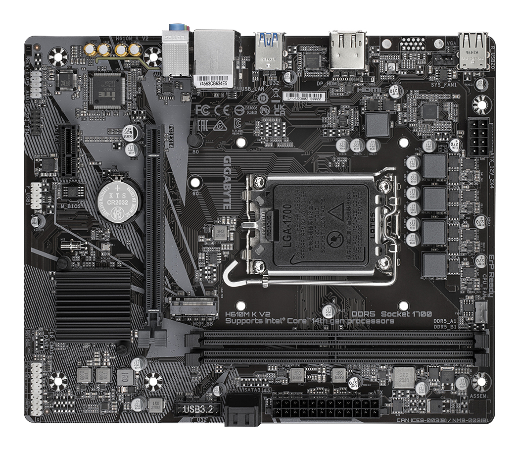 Gigabyte H610M K V2 - 1.0 - Motherboard - micro ATX - LGA1700 Sockel - H610 Chipsatz - USB 3.2 Gen 1 - Gigabit LAN - Onboard-Grafik (CPU erforderlich)HD Audio (8-Kanal)