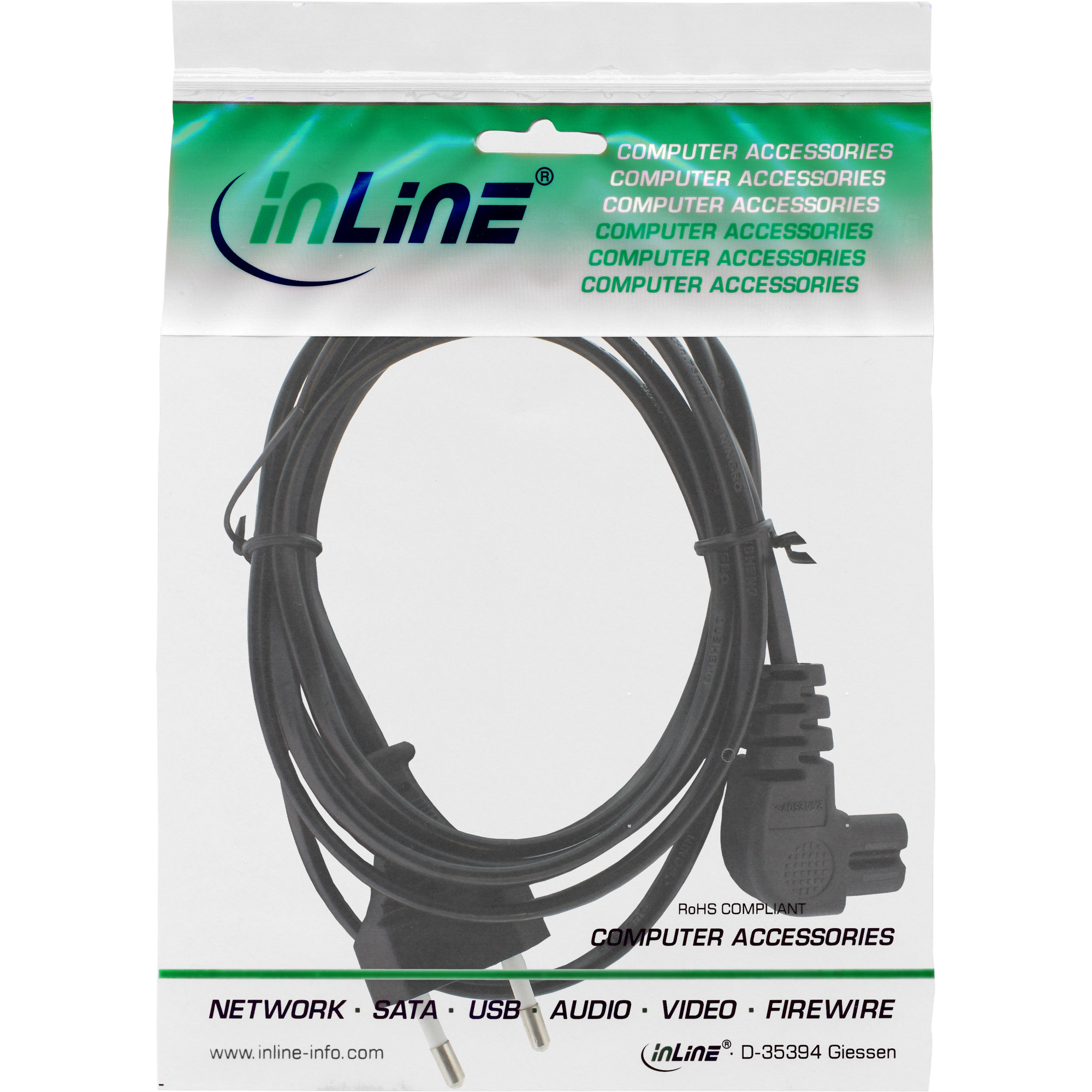 InLine Netzkabel - Netzstecker auf Euro 8 C7 Stecker - gewinkelt - 0,3mIEC 60320 C7 gewinkelt - 30 cm - Schwarz