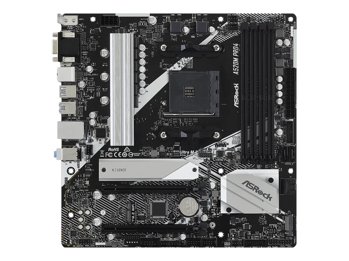 ASRock A520M Pro4 - Motherboard - micro ATX - Socket AM4 - AMD A520 Chipsatz - USB-C Gen1, USB 3.2 Gen 1 - Gigabit LAN - Onboard-Grafik (CPU erforderlich)