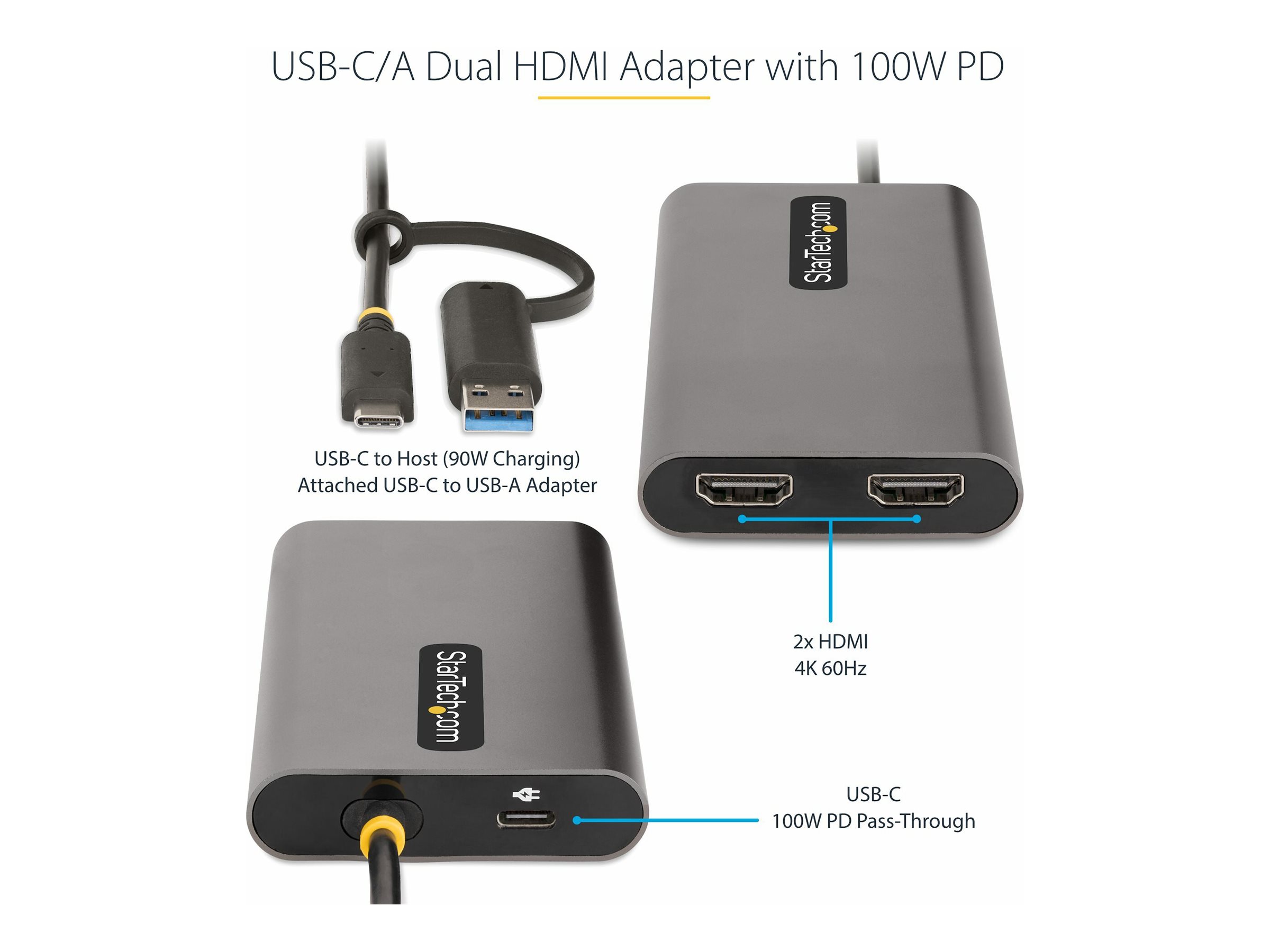 StarTech.com Startech USB-C Dual HDMI Adapter - USB-C/USBauf 2x 4K HDMI - 100W PD - Videoadapter - TAA-konform - USB Typ A - USB-C männlich zu 2 x 19 pin HDMI Type A - USB-C weiblich - 30 cm - Grau -