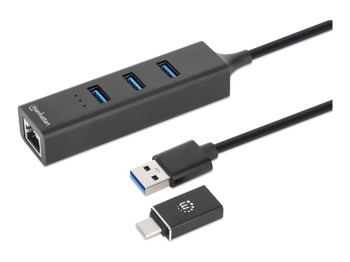 Manhattan USB-C & USB-A Combo Dock/Hub, Ports (4):: Ethernet and USB-A (x3) - 5 Gbps (USB 3.2 Gen1 aka USB 3.0) - External Power Supply Not Needed - USB-A Male with Attachable USB-C Male Adapter - Sup