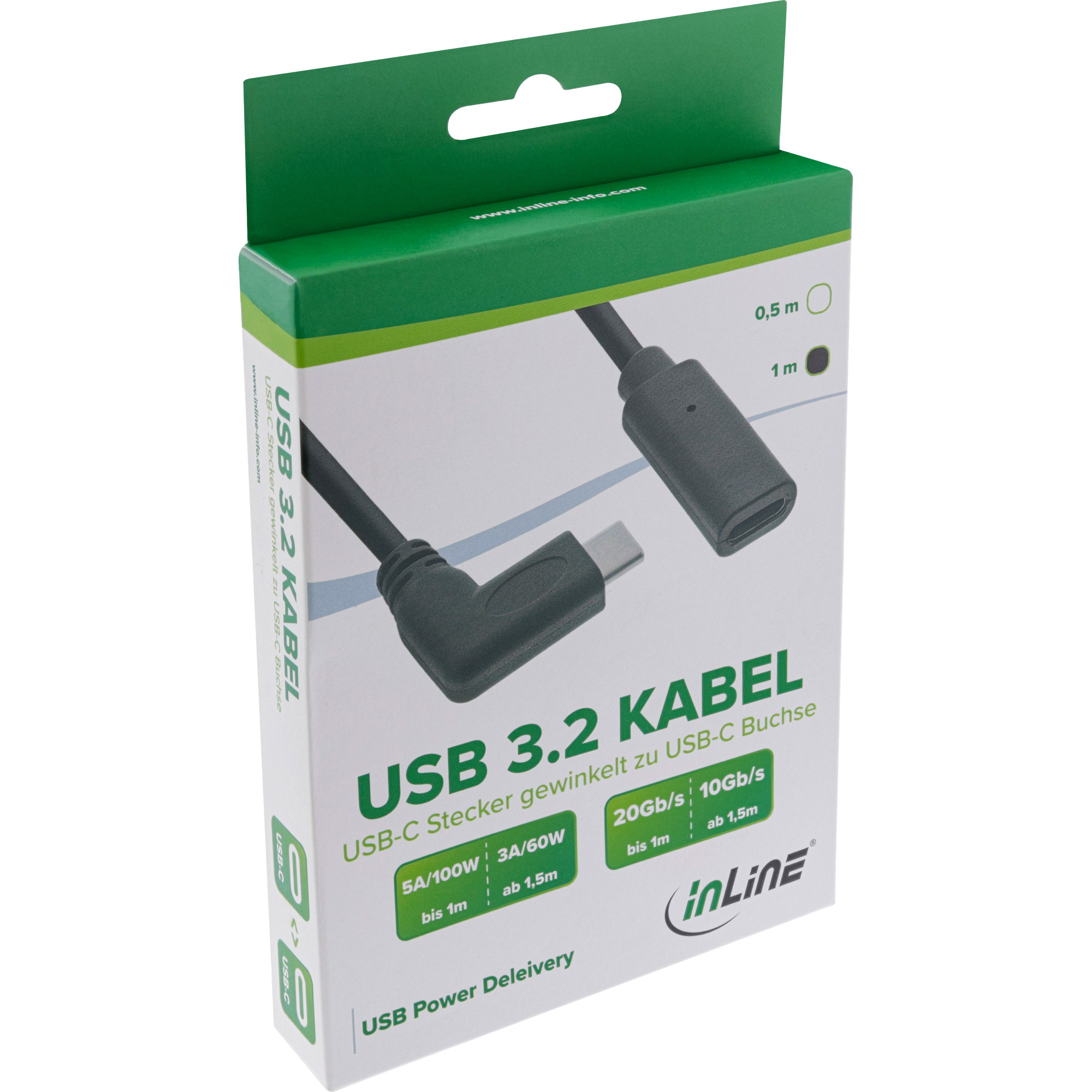 InLine USB 3.2 Gen.2x2 Kabel - USB-C Verl. - ST gewinkelt auf BU - schwarz 1mgewinkelt zu USB-C (W) - USB 3.2 Gen 1 - 3 A - 1 m - unterstützt Stromversorgung - Schwarz