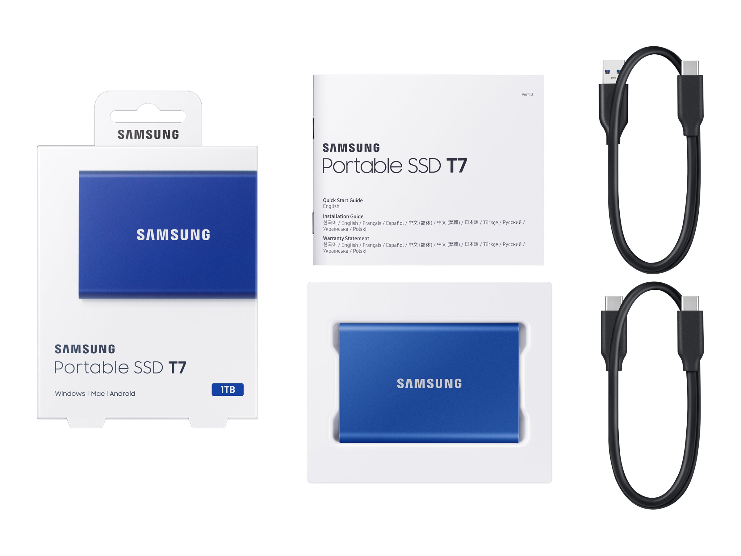 Samsung T7 MU-PC1T0H - SSD - verschlüsselt - 1 TB - extern (tragbar)USB 3.2 Gen 2 (USB-C Steckverbinder) - 256-Bit-AES - Indigo-Blau