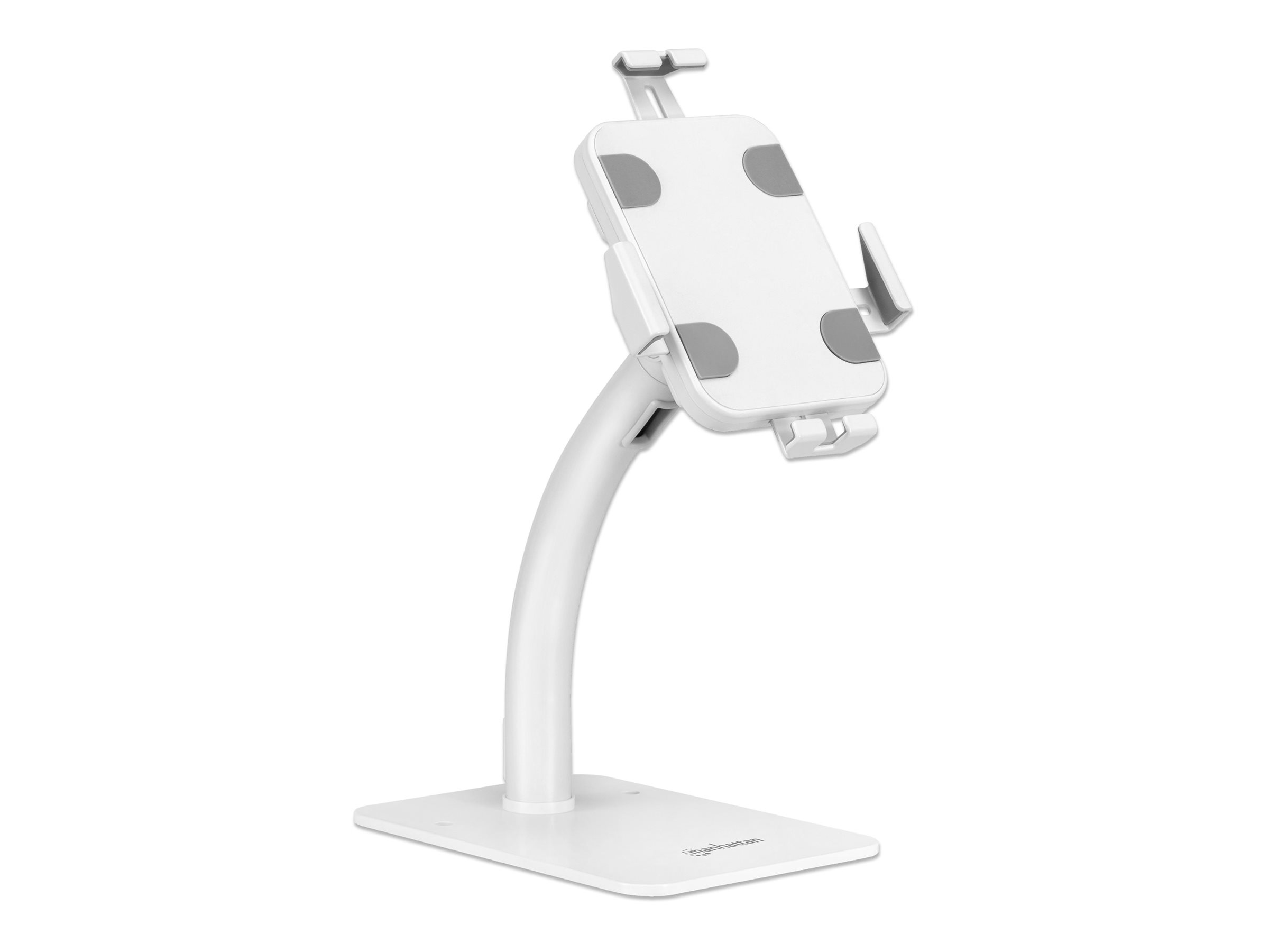 Manhattan Desktop Kiosk Stand (Anti theft) for Tablet and iPad, Universal, 360° Rotation, Tilt +20° to -110°, White, Lockable, Countertop Holder for 7.9" to 11" Tablets, Extendable clamps: height 200