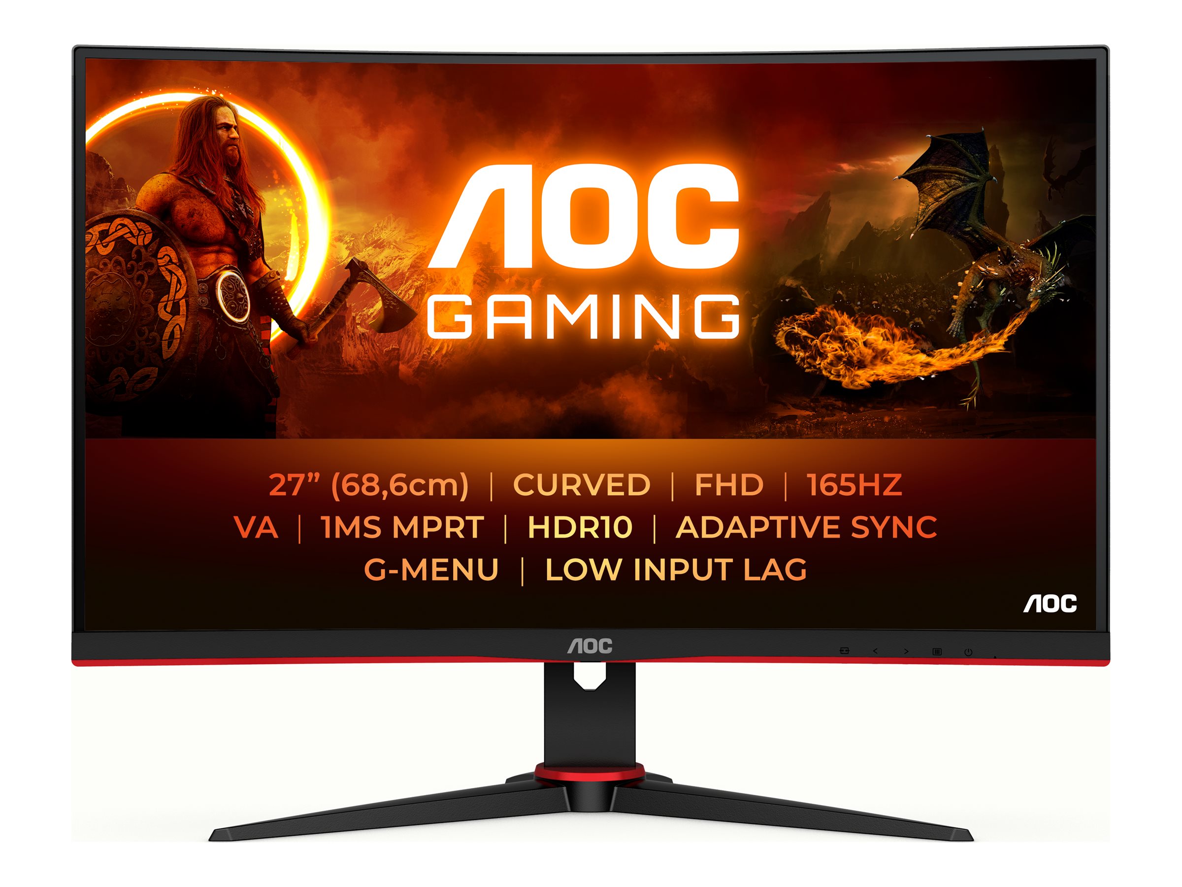 AOC Gaming C27G2E/BK - LED-Monitor - Gaming - gebogen - 68.6 cm (27")1920 x 1080 Full HD (1080p) @ 165 Hz - VA - 350 cd/m² - 3000:1 - 1 ms - 2xHDMI - VGA - DisplayPort - Schwarz - Rot