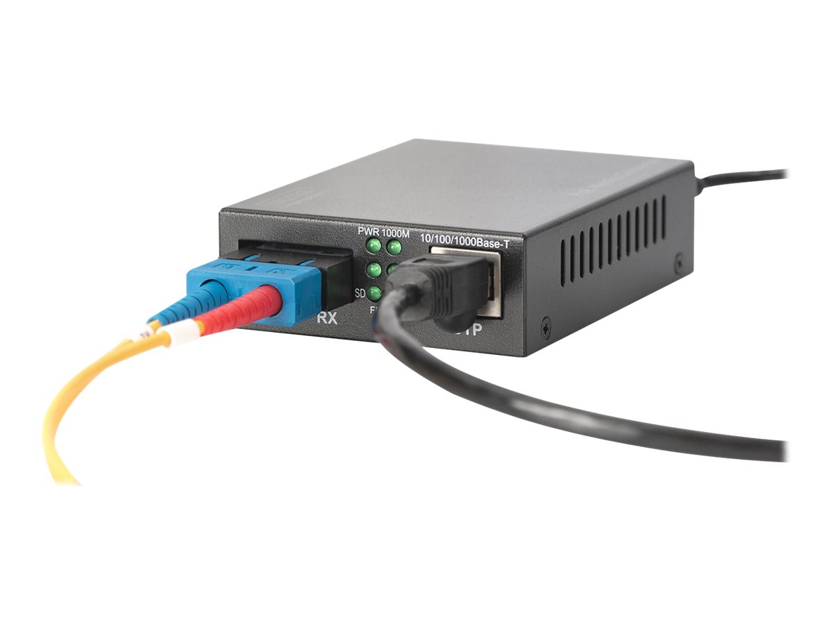 DIGITUS Gigabit PoE Medienkonverter, RJ45 / SC, SM, PSE1GbE - 1000Base-LX - 1000Base-T - 100Base-TX - 10Base-T - SC Single-Modus / RJ-45 - bis zu 20 km - 1310 nm