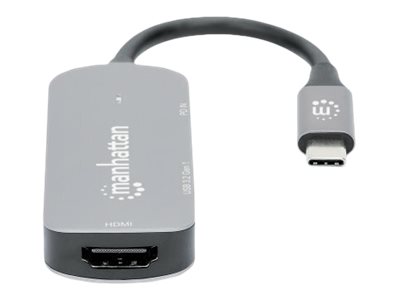 Manhattan USB-C Dock/Hub, Ports (x3):  HDMI, USB-A and USB-C, With Power Delivery (100W)to USB-C Port (Note add USB-C wall charger and USB-C cable needed) - All Ports can be used at the same time - Al