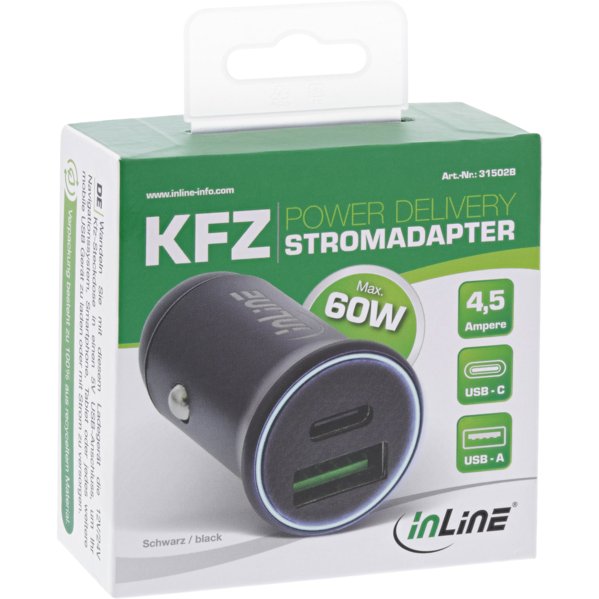 InLine USB KFZ Stromadapter PD - 12/24V USB-A + USB-C - max. 60W - schwarzSchwarz