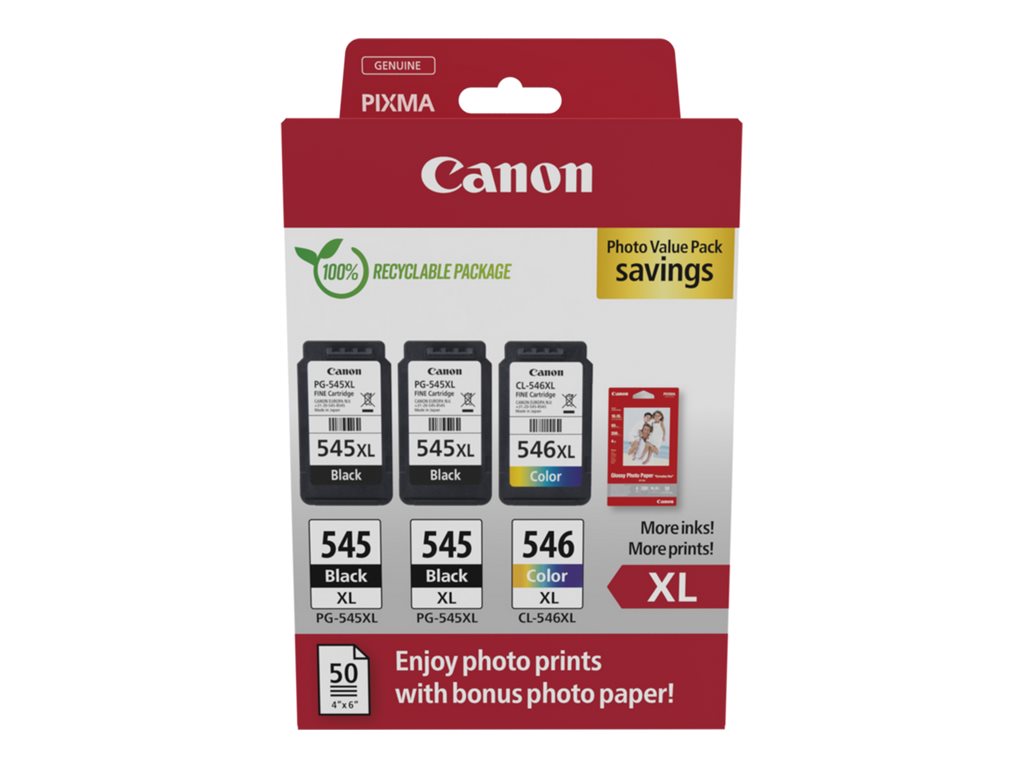 Canon PG-545 XL/CL-546XL Photo Value Pack - 3er-Pack - Schwarz, Farbe (Cyan, Magenta, Gelb)original - Tintenpatrone / Papierkit - für P/N: 0727C068 - 727C076