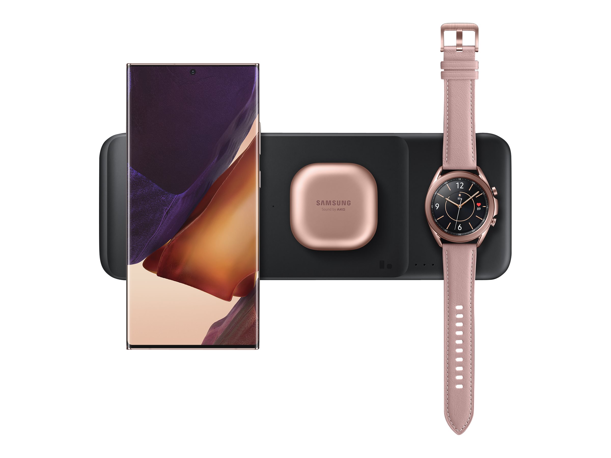 Samsung Wireless Charger Trio EP-P6300 - InduktiveLadematte + AC-Netzteil - Fast Charge - Schwarz - für Galaxy Buds Live - Note20 - S20 - S20 5G - Watch 3 - Z Flip 5G - Z Flip4 - Z Fold2 5G - Z Fold4