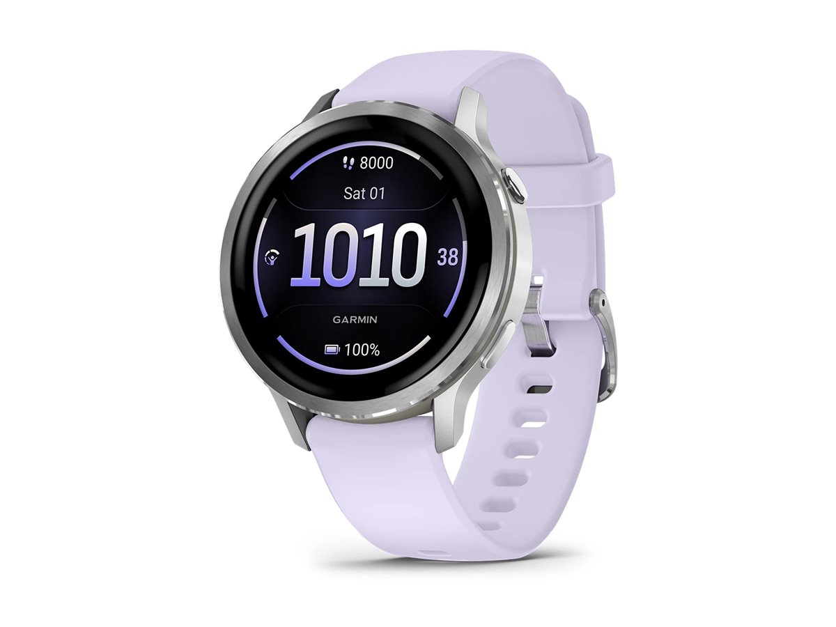 Garmin Venu 4 - 41 mm - silber - intelligente Uhr mit Band - Silikon - Periwinkle - Handgelenkgröße: 110-175 mm - Anzeige 3.04 cm (1.2")8 GB - Bluetooth - ANT+ - Wi-Fi - 33 g