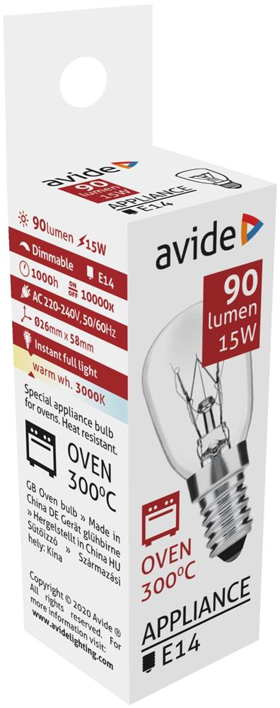avide ARAH14WW-15W, E14, T26, 1000 h, 65 lm, Warmweiß, 360°Ofenlampe 300°C Leuchte 15W E14 WW 3000K