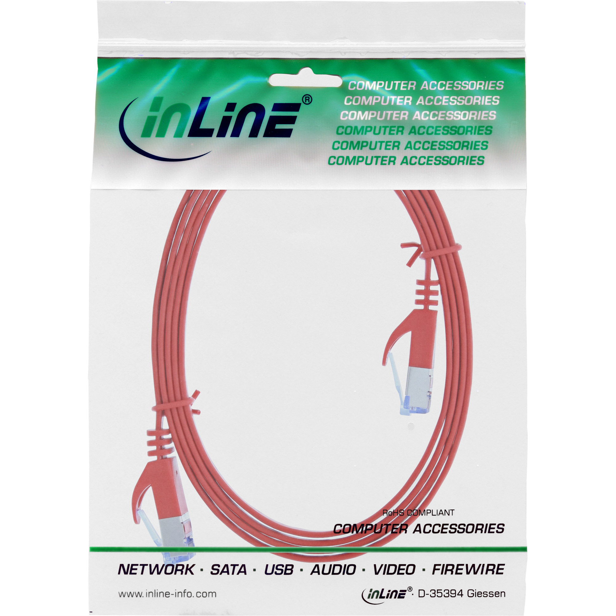 InLine Patchkabel flach - U/FTP - Cat.6A - rot - 2m2 m - U/FTP - PiMF - CAT 6a - geformt - flach - Rot