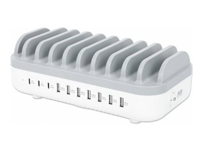 Manhattan Charging Station, 10x Ports: 3x USB-C (up to 18W PD)and 7x USB-A (up to 12W) - 120W Total Output - White/Grey -  - Box - Ladestation - Spannungsversorgung - 120 Watt - Ausgangsanschlüsse: 10