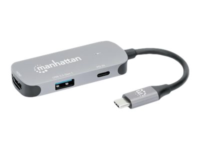 Manhattan USB-C Dock/Hub, Ports (x3):  HDMI, USB-A and USB-C, With Power Delivery (100W)to USB-C Port (Note add USB-C wall charger and USB-C cable needed) - All Ports can be used at the same time - Al