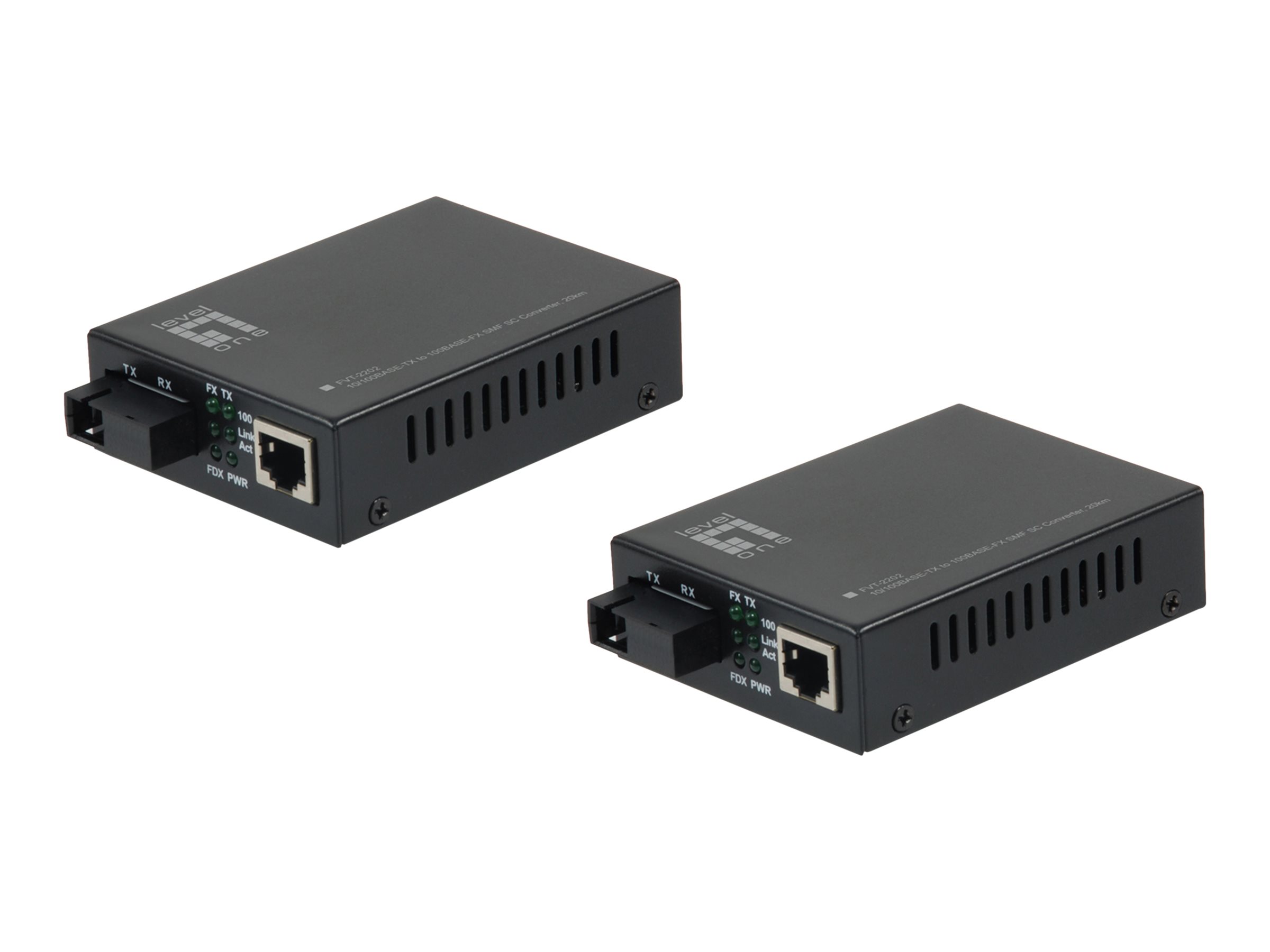 LevelOne FVT-2202 - Medienkonverter - 100Mb LAN - 10Base-T, 100Base-FX, 100Base-TX - RJ-45 / SC Single-Modus - bis zu 20 km - 1550 nm / 1310 nm (Packung mit 2)1 x 100Base-FX - 1 x RJ-45 - DC 5V/1A - 4