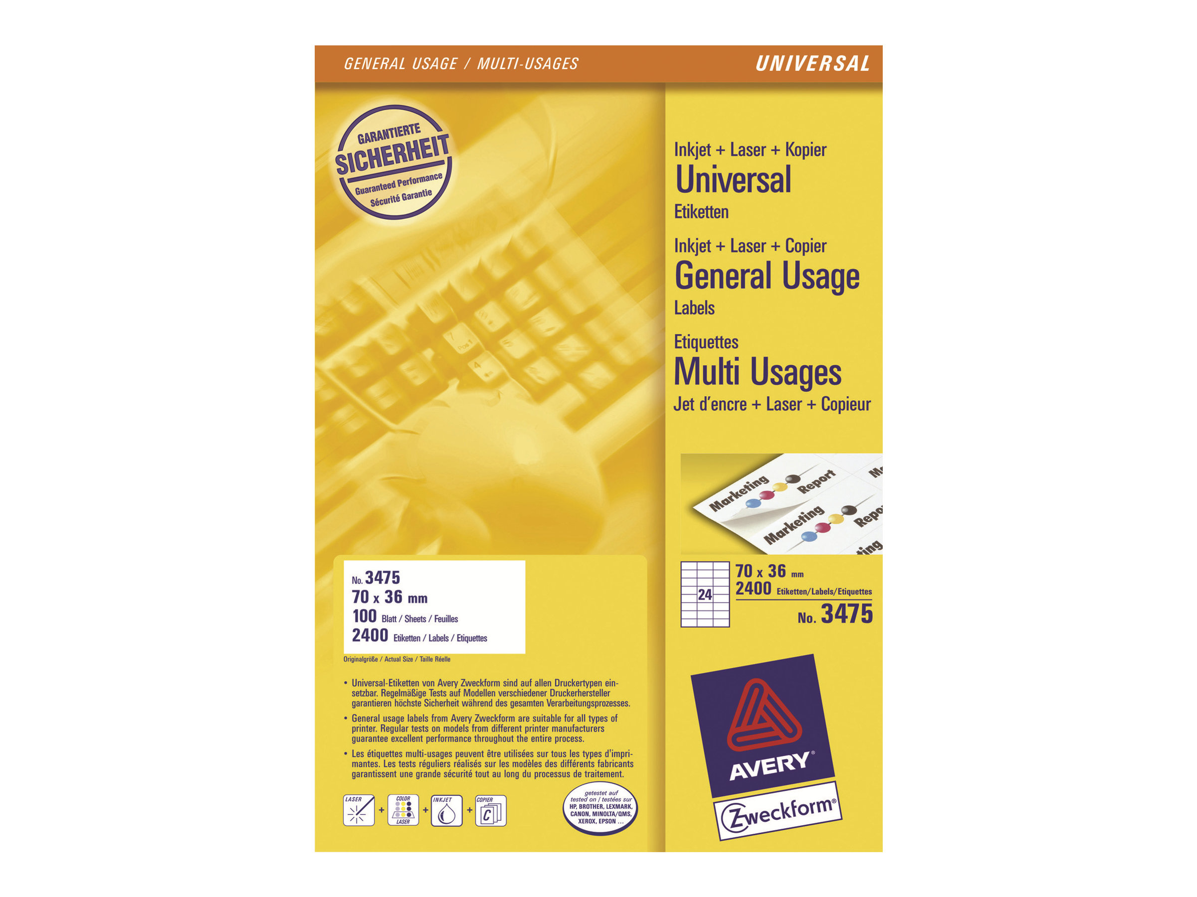 Avery Zweckform Avery - Weiß - 70 x 36 mm 2400 Etikett(en) (100 Bogen x 24)