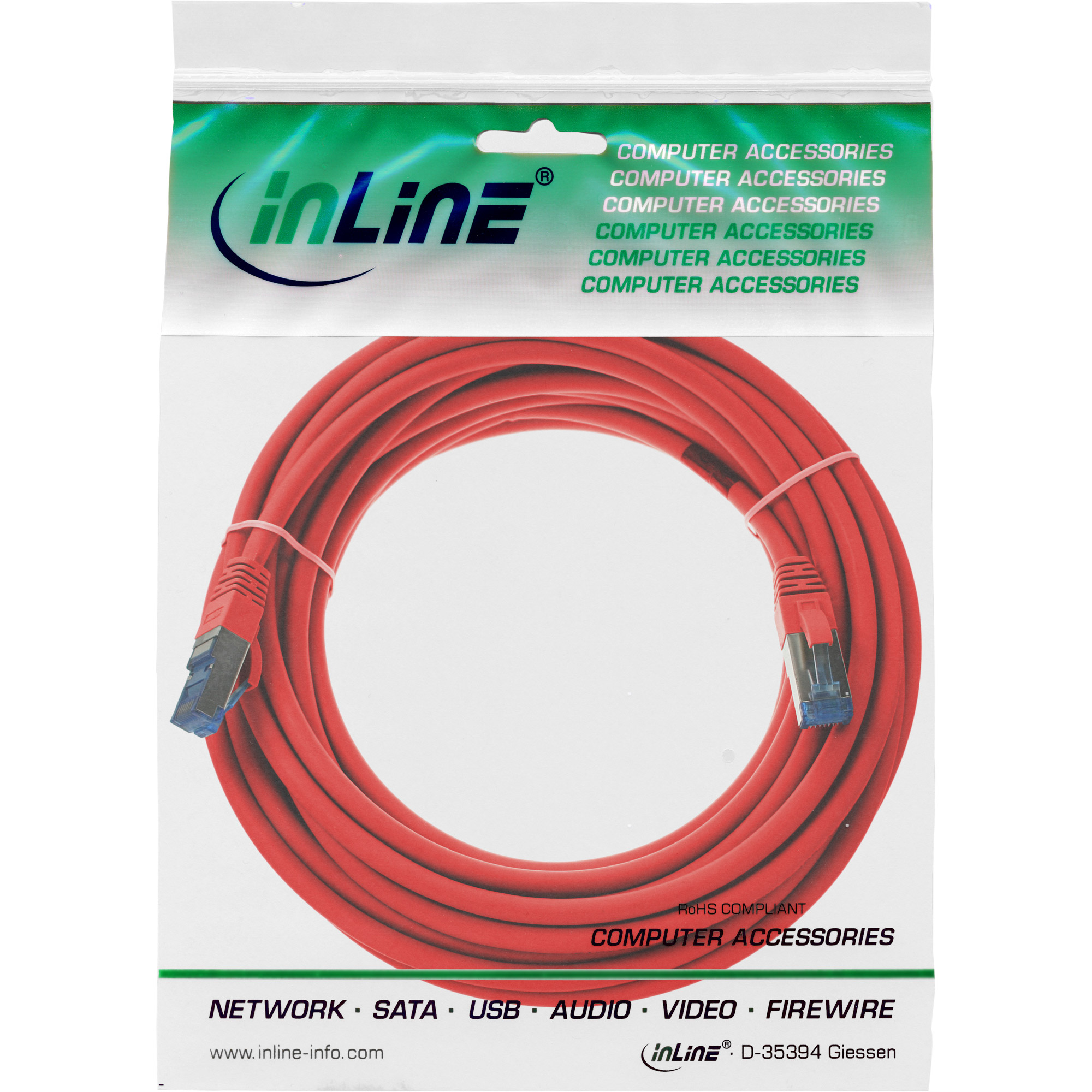 InLine Patchkabel - S/FTP (PiMf) - Cat.6A - halogenfrei - rot - 5m5 m - SSTP-Kabel - CAT 6a - halogenfrei - Rot