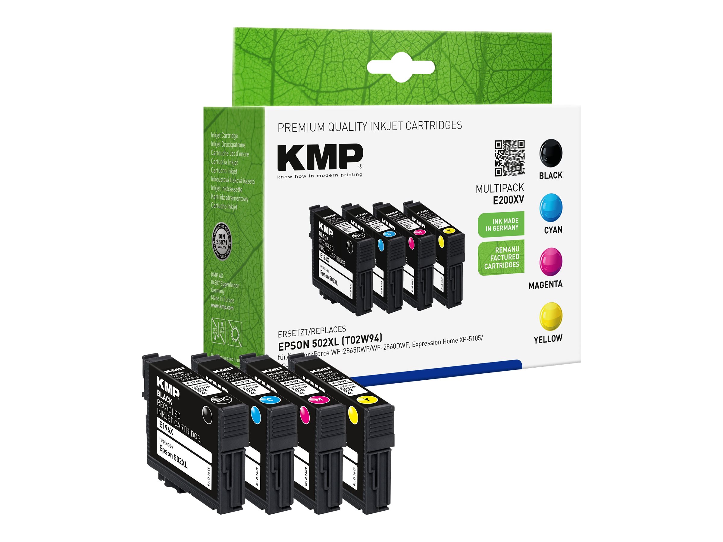 KMP MULTIPACK E196XV - 4er-Pack - Hohe Ergiebigkeit - Schwarz, Cyan, Magenta - kompatibel - Tintenpatrone (Alternative zu: Epson T502XL)Tintenpatrone - Schwarz - 9,5 ml